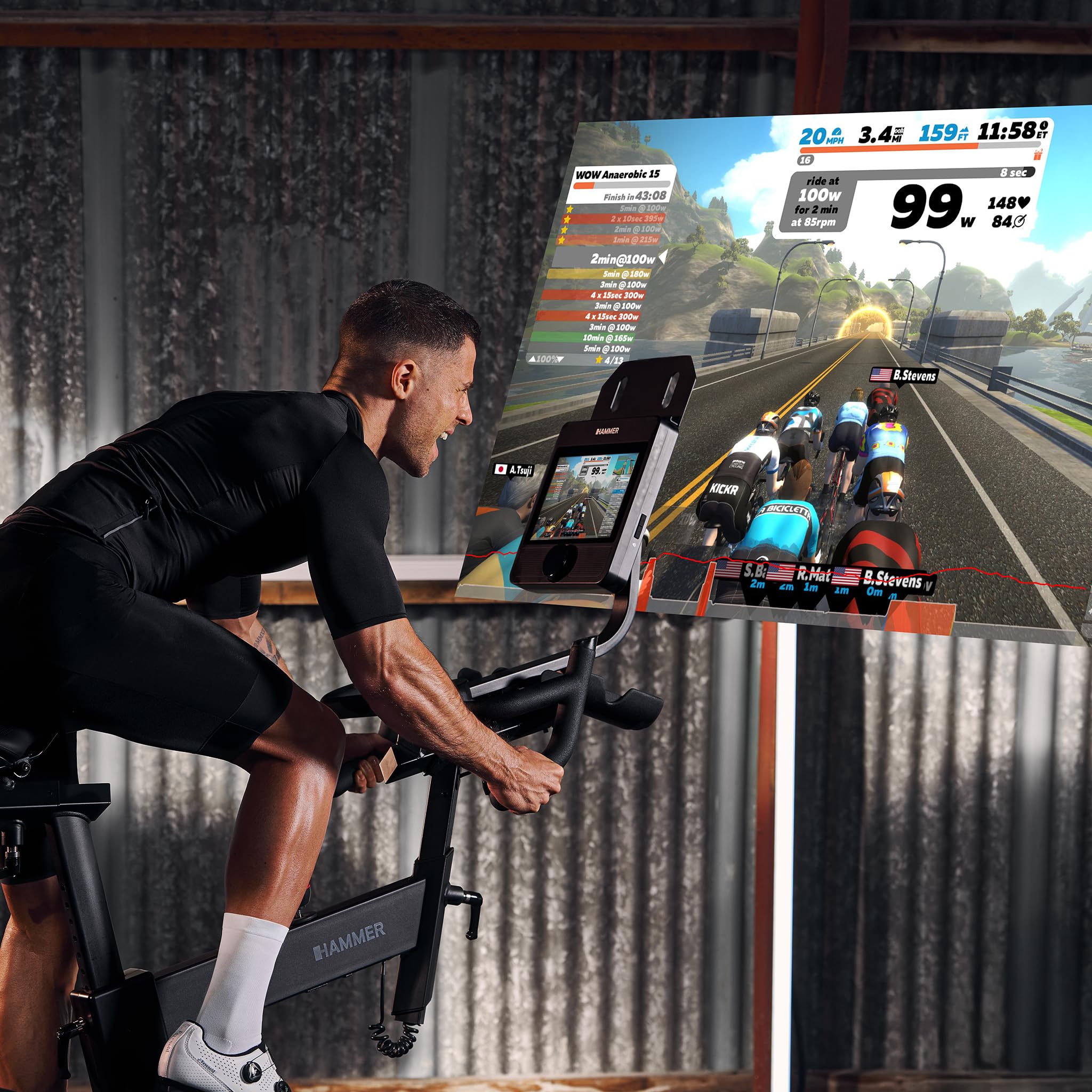HAMMER Speedbike HyRace SR – Indoor Cycle Heimtrainer mit 20 kg Schwungmasse, TFT-Touchscreen, Tablet- & Smartphonehalterung, Bluetooth, kompatibel mit Kinomap & Zwift, Fitnessbike in Studioqualität