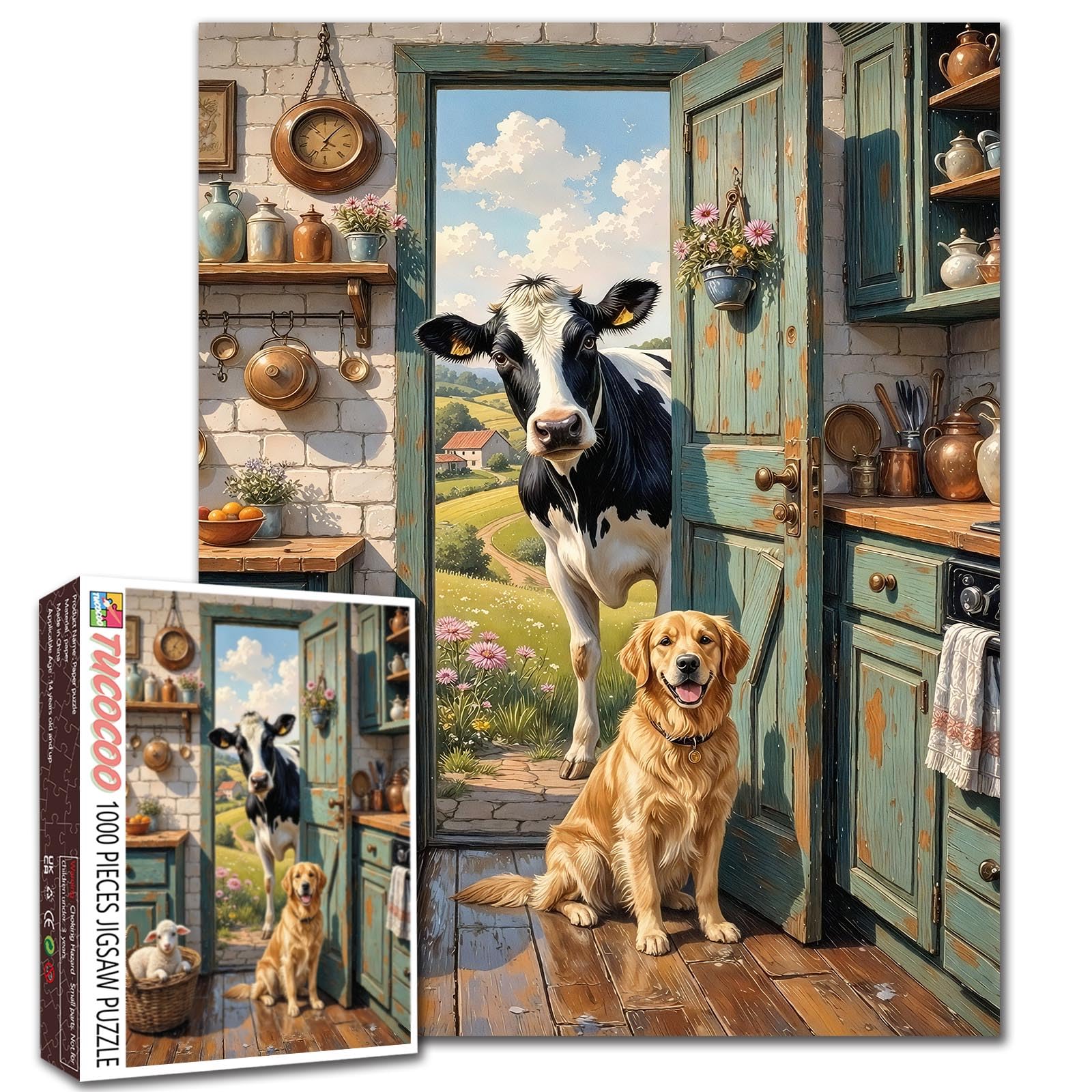 Farm Cow Puzzle Dog Lamb Animal Jigsaw Farmhouse Vintage Door Kitchen Ornament Picture 1000 Pieces for Adults Beginner Challenging Family Activity Games DIY Crafts Puzzle for Home Decor Gifts — image 1