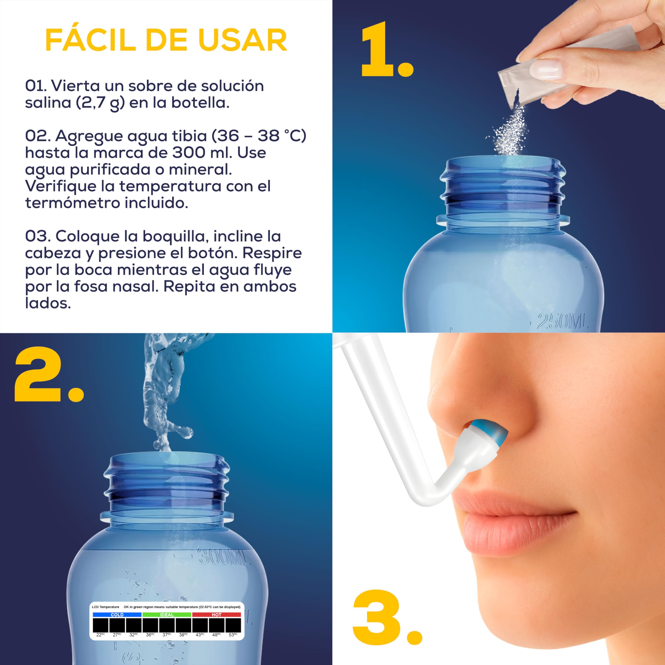 Kit de Lavado Nasal con Válvula de Control de Agua – Irrigador Nasal con 30 Sobres de Sal – Puntas para Adultos y Niños – Limpieza Nasal Diaria - Incluye termometro - Capacidad de 300ml