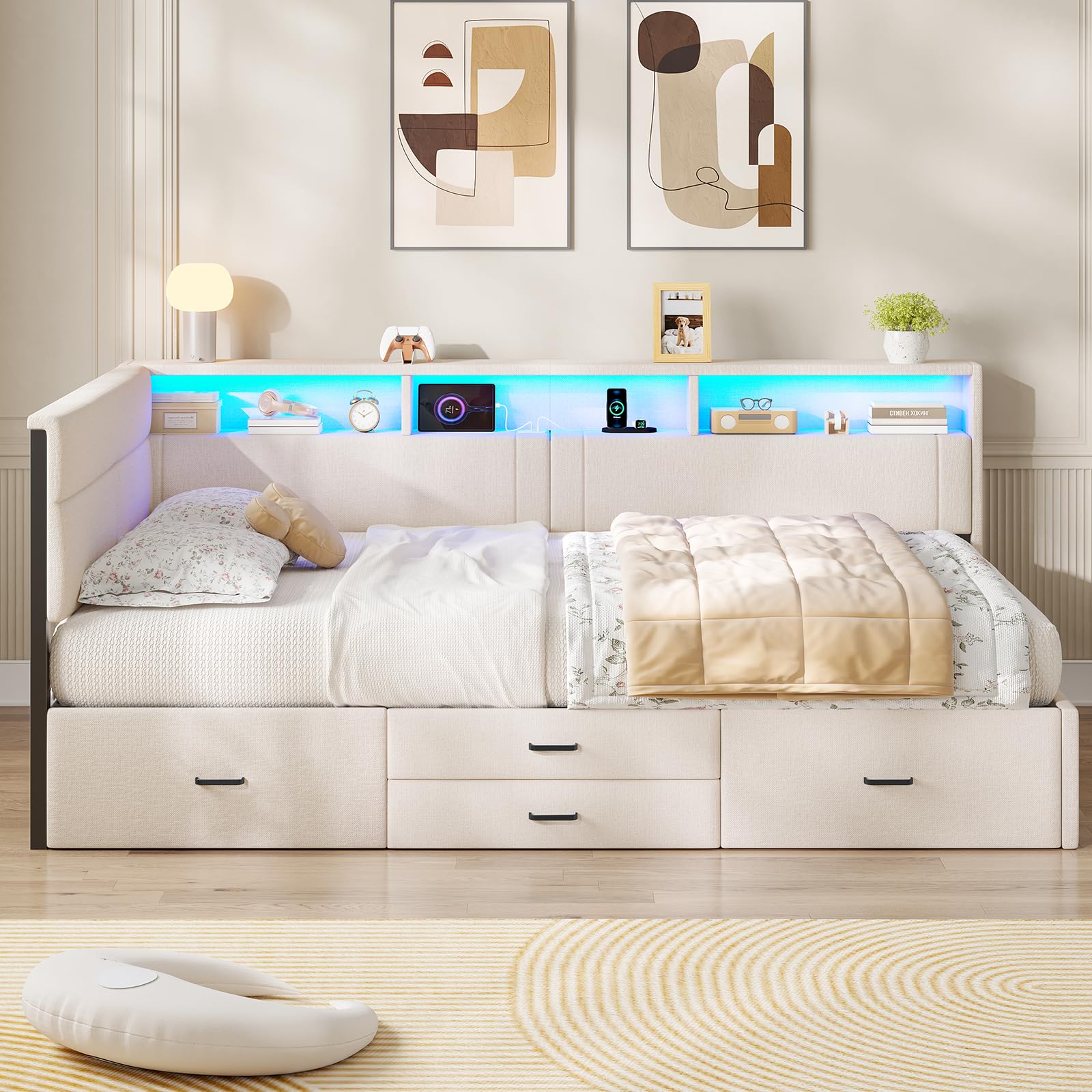AOGLLATI Polsterbett Schlafsofa 140x200, Doppelbett mit LED-Beleuchtung & Ladestation, Betten 140x200 mit 4 Schubladen und Lattenrost aus Metall, Jugendbett Tagesbett, Leinen Beige (ohne Matratze)