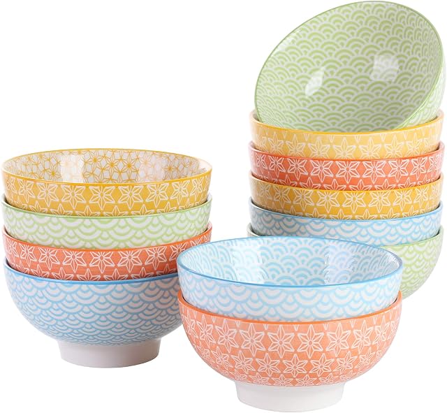 vancasso Natsuki porcelanowe miseczki do ryżu, wielokolorowe japońskie wzory, miseczka do płatków, zastawa stołowa, miseczki do zupy, sałatki, makaronu, ramenu, przekąsek, 12 szt.