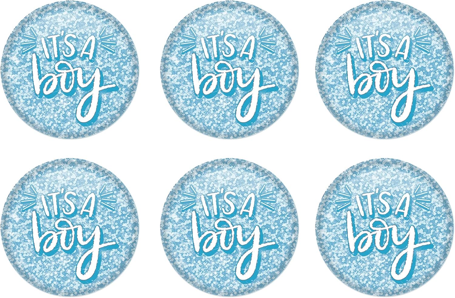 Beistle It’s A Boy Buttons – 6 Pack, Printed Celebration Buttons with Pin Back, Blue Sparkle Design, Decorative Wearable Accessories for Baby Shower Celebrations and Gender Reveal Parties, 2"