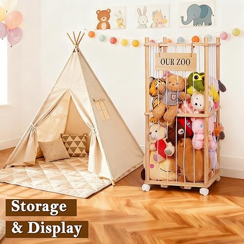 Miniatura 2 de Zoológico de almacenamiento de animales de peluche, organizador de animales de peluche de madera con ruedas extraíbles y cordones elásticos de 5