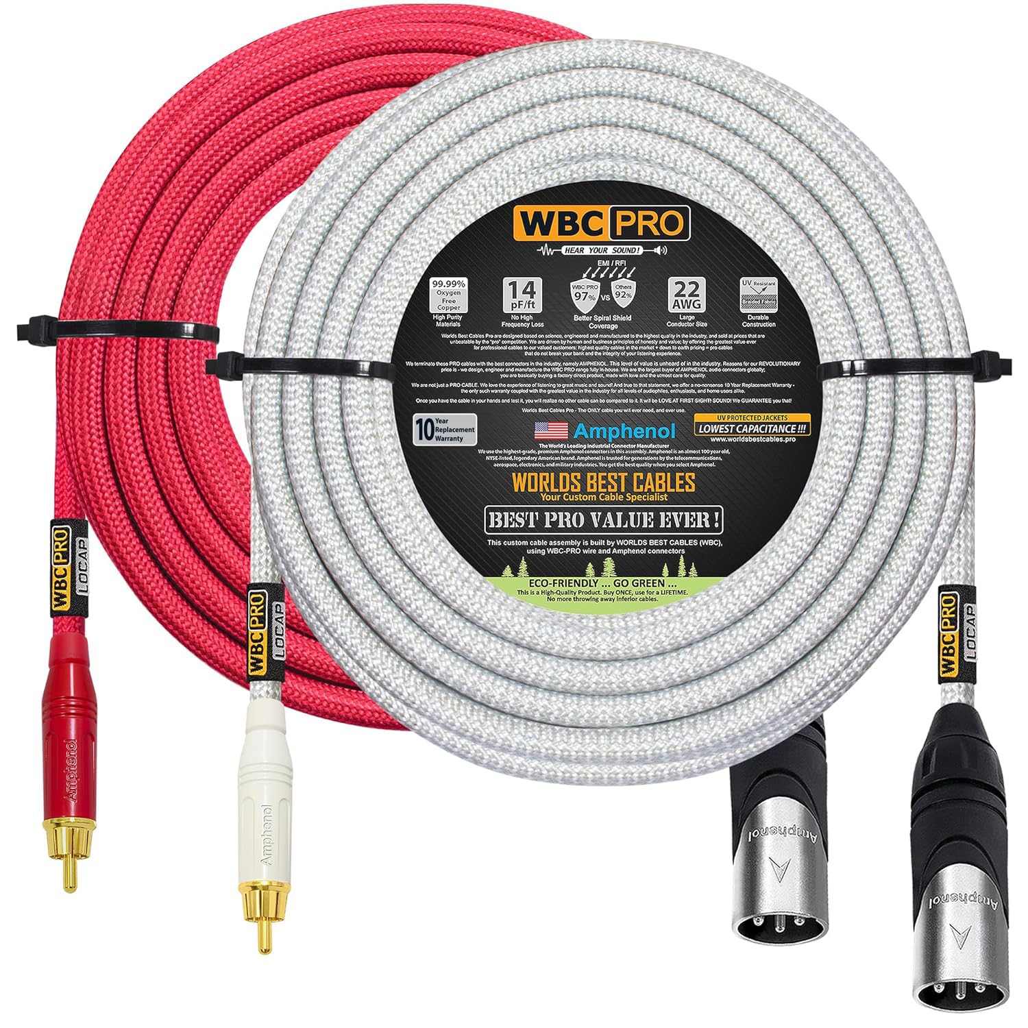 40 Foot RCA to XLR (Male) Cable Pair - WBC-PRO-LOCAP Low-Capacitance (14pF/ft) 22 AWG Ultra-Silent Audiophile & Pro-Grade Audio Interconnect Cable - Amphenol Plugs & Red & Silver Tweed Jackets