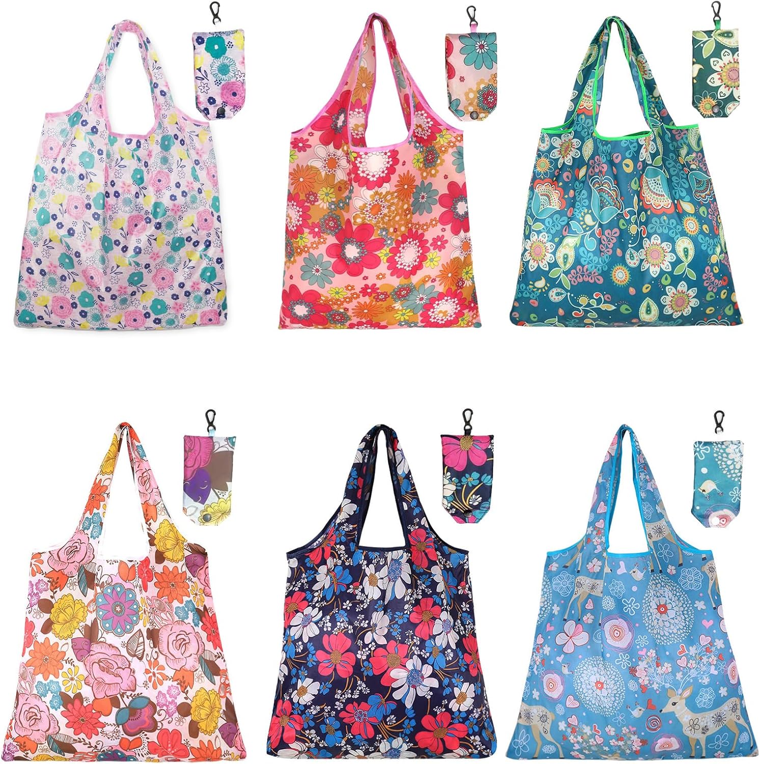 6 Pack DENGXINWEI Reusable Foldable Grocery Bags - Waterproof, Machine Washable Eco Totes with Floral Patterns, 22lb Capacity