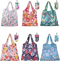 6 Pack DENGXINWEI Reusable Foldable Grocery Bags - Waterproof, Machine Washable Eco Totes with Floral Patterns, 22lb Capacity