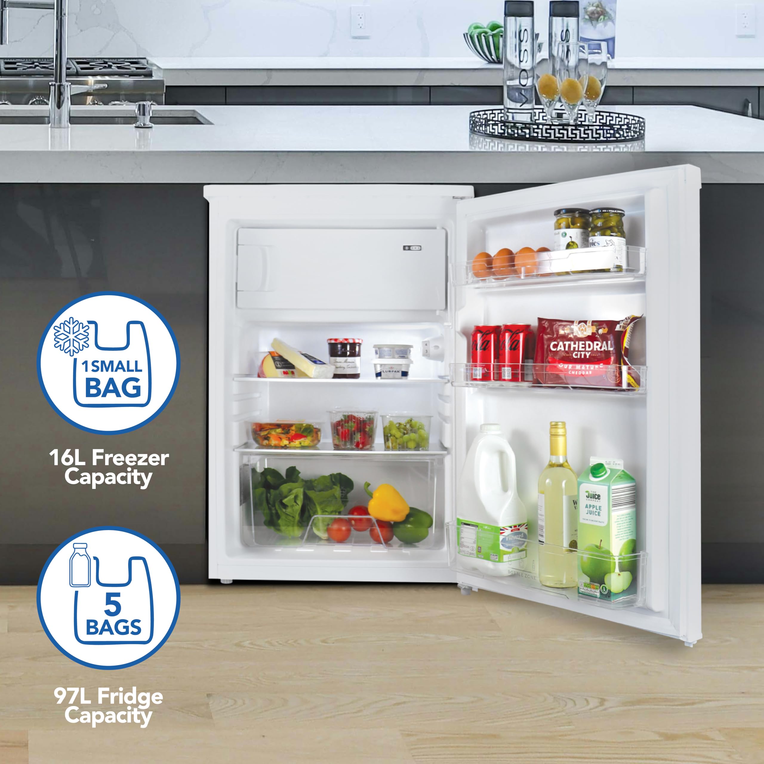 Igenix IG155W Freestanding Under Counter Fridge With 2 Adjustable Shelves, 1 Salad Drawer, 3 Door Shelves, Reversible Door, 97 Litre Capacity Fridge, 16 Litre Ice Box, 55 cm Wide, White — view 4