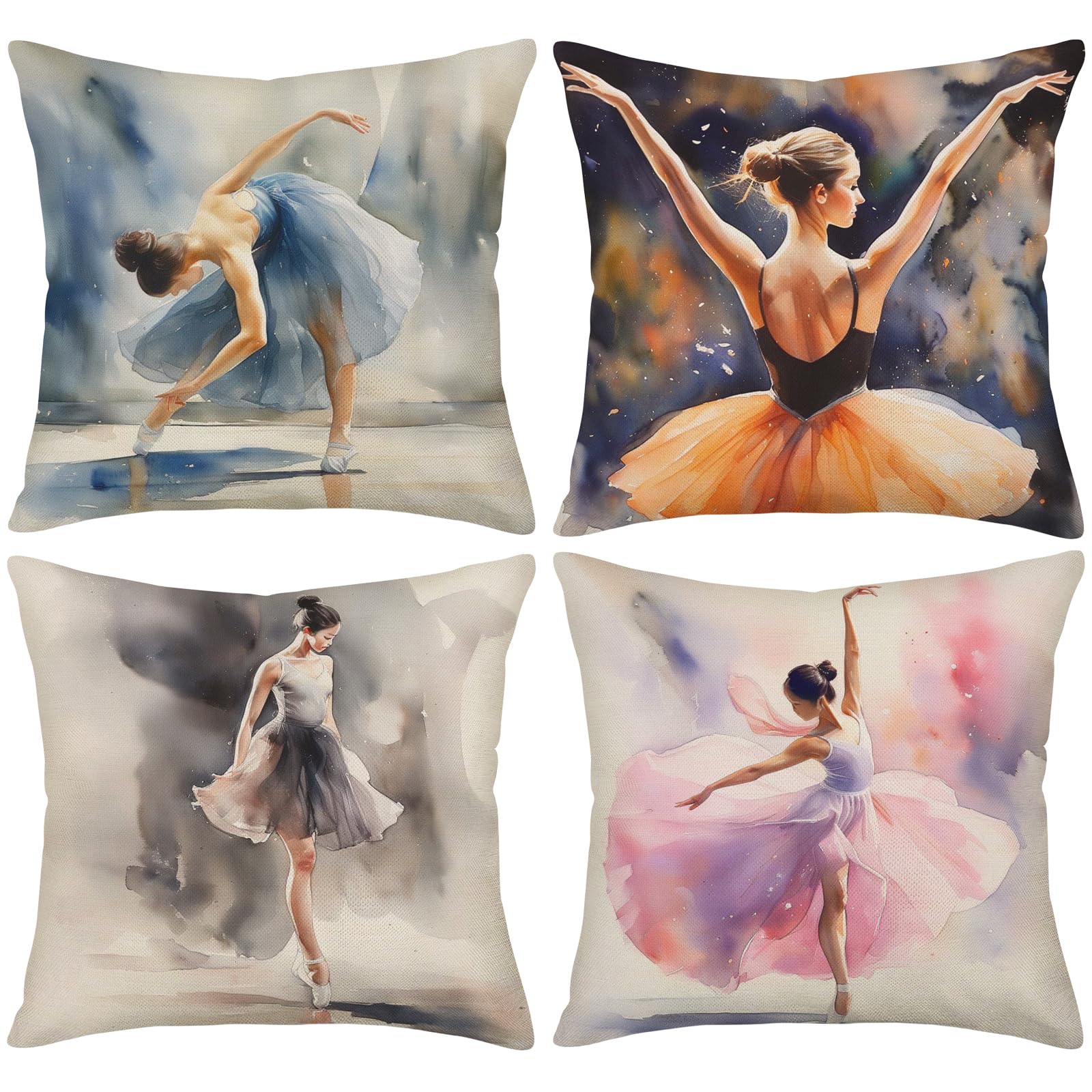 Throw Pillow Covers Ballerina Girl Series Cotton Linen Vintage Lady Art Painting Style Decorative Cushion Cases Outdoor Pillowcases Home Decor 18" x18" Set of 4 (Ballerina Girl)