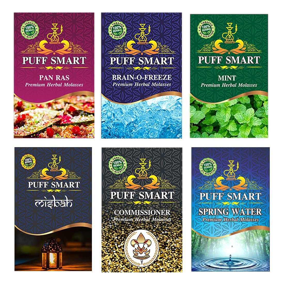PUFF SMART Premium Herbal Flavor Pan Ras, Brain-o-Freeze, Mint, Spring Water, Misbah, Comm. Combo (Pack Of 6) (100% Nicotine and Tobacco Free)