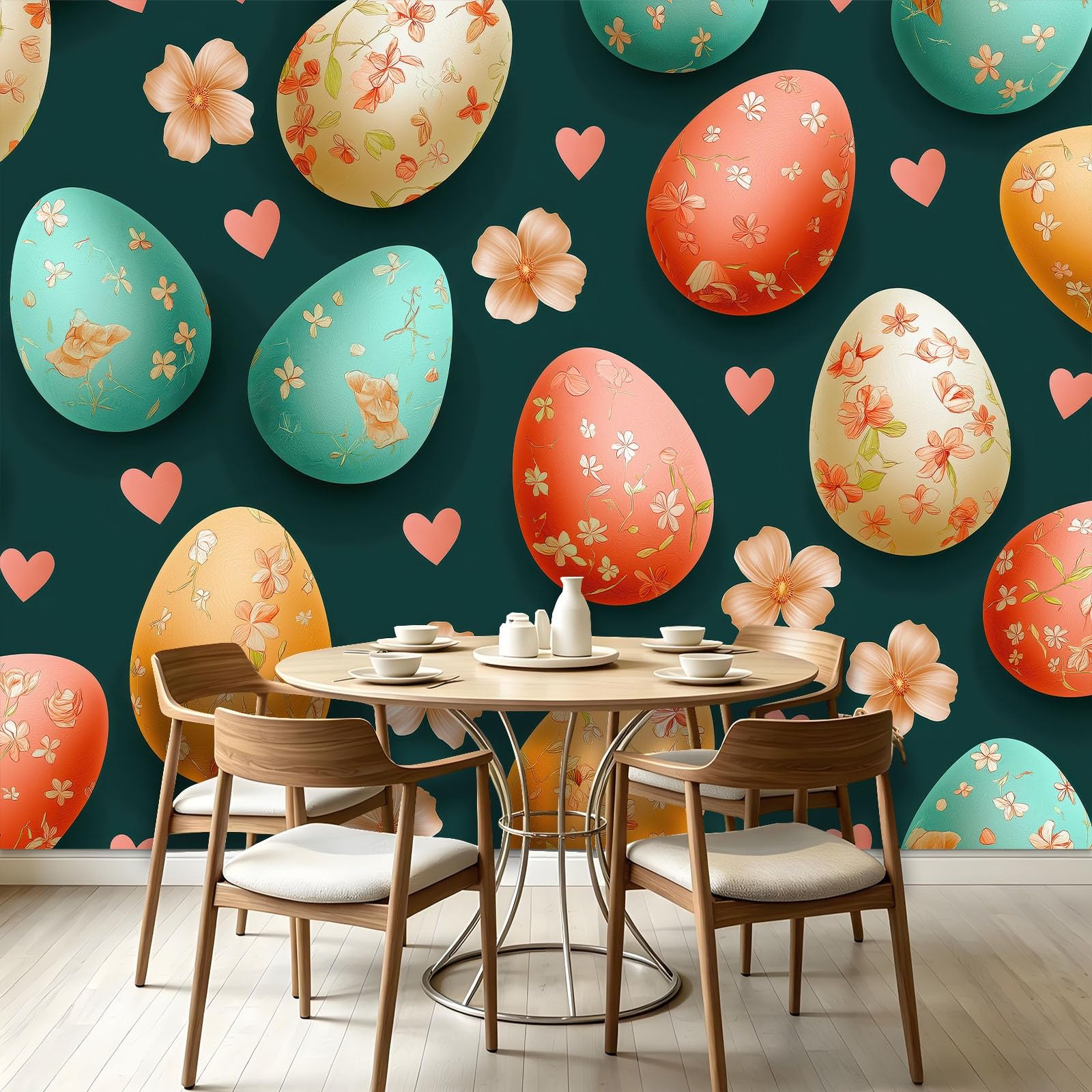 Papel pintado fotográfico simple festivo huevos de Pascua flores efecto 3D XXL 300 x 210 cm – Papel pintado no tejido verde – Mural Fotomurales Decoración de pared para tienda de regalos, restaurante