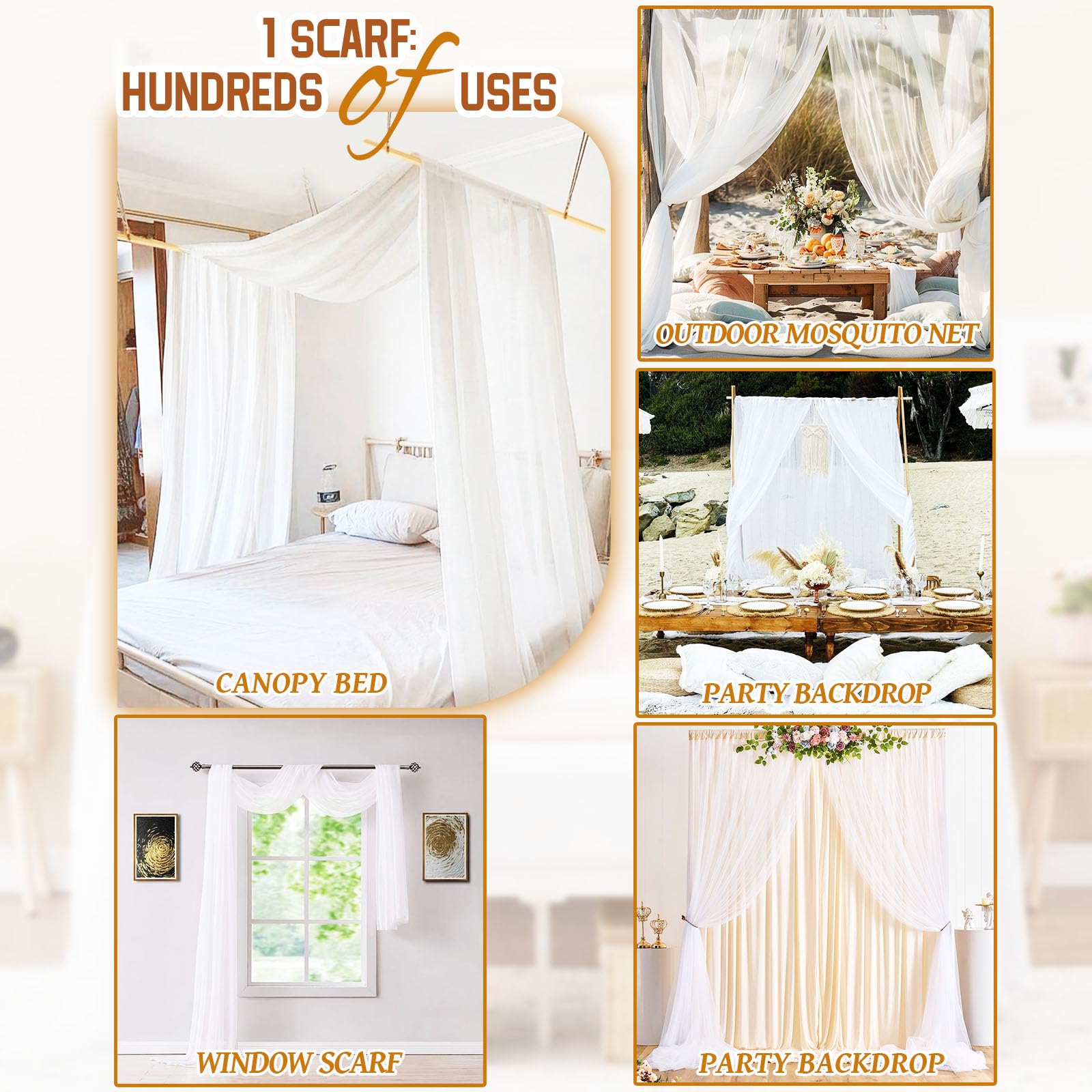 Showgeous Lot de 2 rideaux à baldaquin blanc de 140 x 548 cm pour cadre de lit double/grand lit, rideaux de lit transparents, voilages en tulle