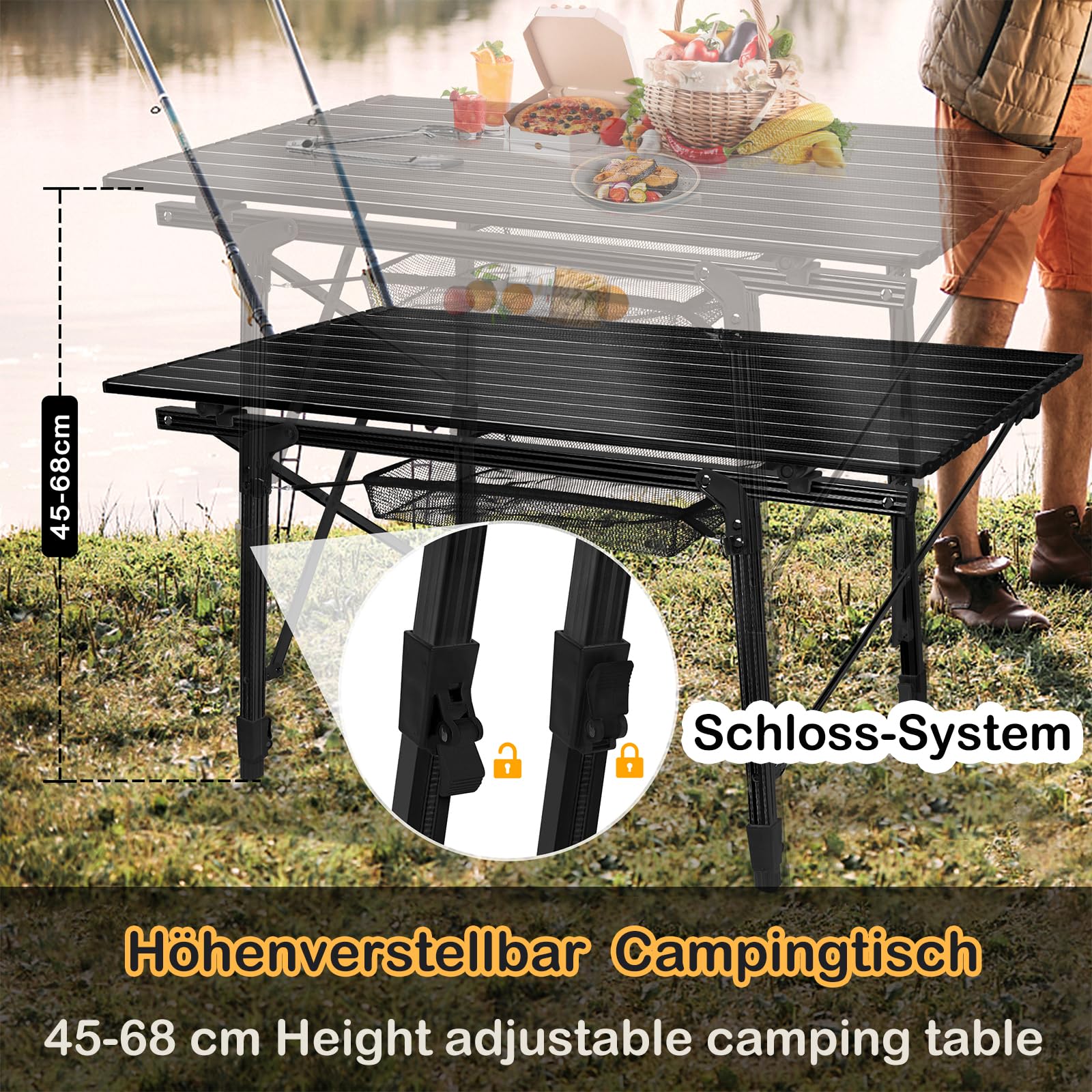 LZQ Aluminiowy stół kempingowy, składany stół z regulacją wysokości, stół kempingowy, składany stół z torbą do przenoszenia, 45 x 90 x 52 cm, na kemping, do ogrodu, na balkon, czarny