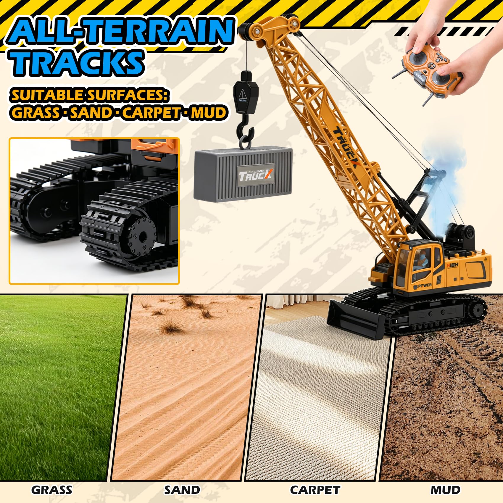 13-Kanal Großer Ferngesteuerter Kran, 2.4GHz, 39 cm, 680 Grad Rotation, Raupenkran mit Schiebeschild, Licht, Sound & Sprühnebel - inkl. Akku, USB, Frachtbox, Geschenk für ab 6 J