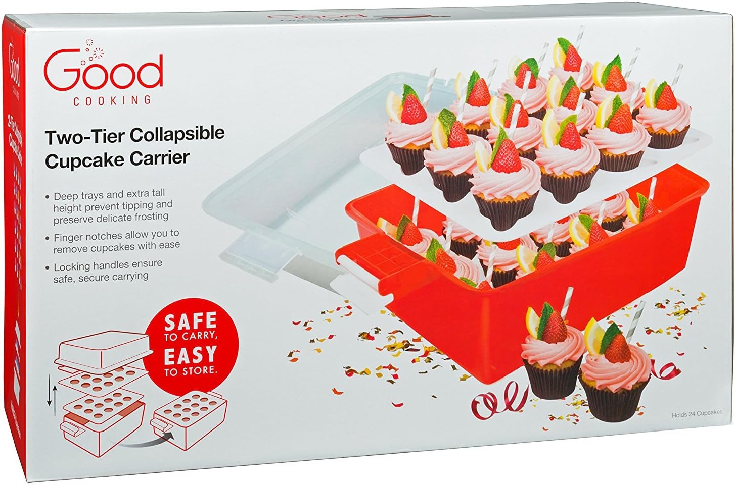 Cupcake Carrier - Holds 24 Large Cupcakes or Muffins - 2 Layer, Easy to Transport, Snap-on-Lid Baked Goods Caddy Container -Collapses for Easy Storage Great Valentine's Day Gift