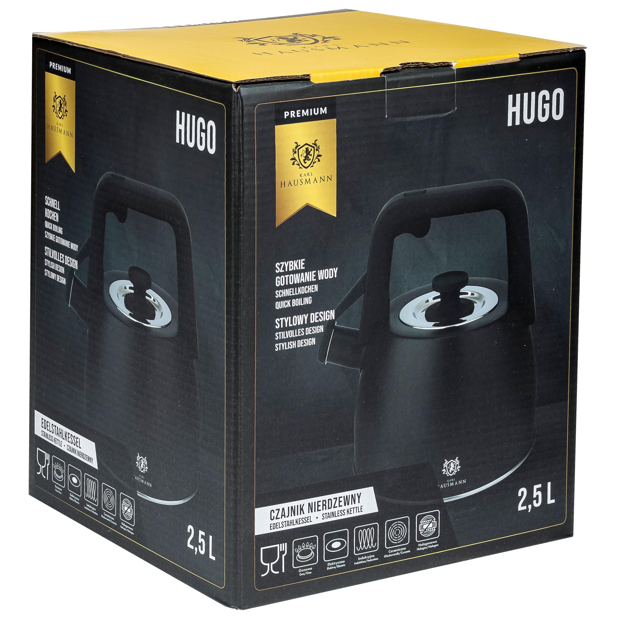 KARL HAUSMANN Bollitore Induzione 2,5L Acciaio Inox con Fischio - Teiera per Piano a Gas, Vetroceramica ed Elettrico - Bollitore Acqua Cucina con Coperchio (Nero)
