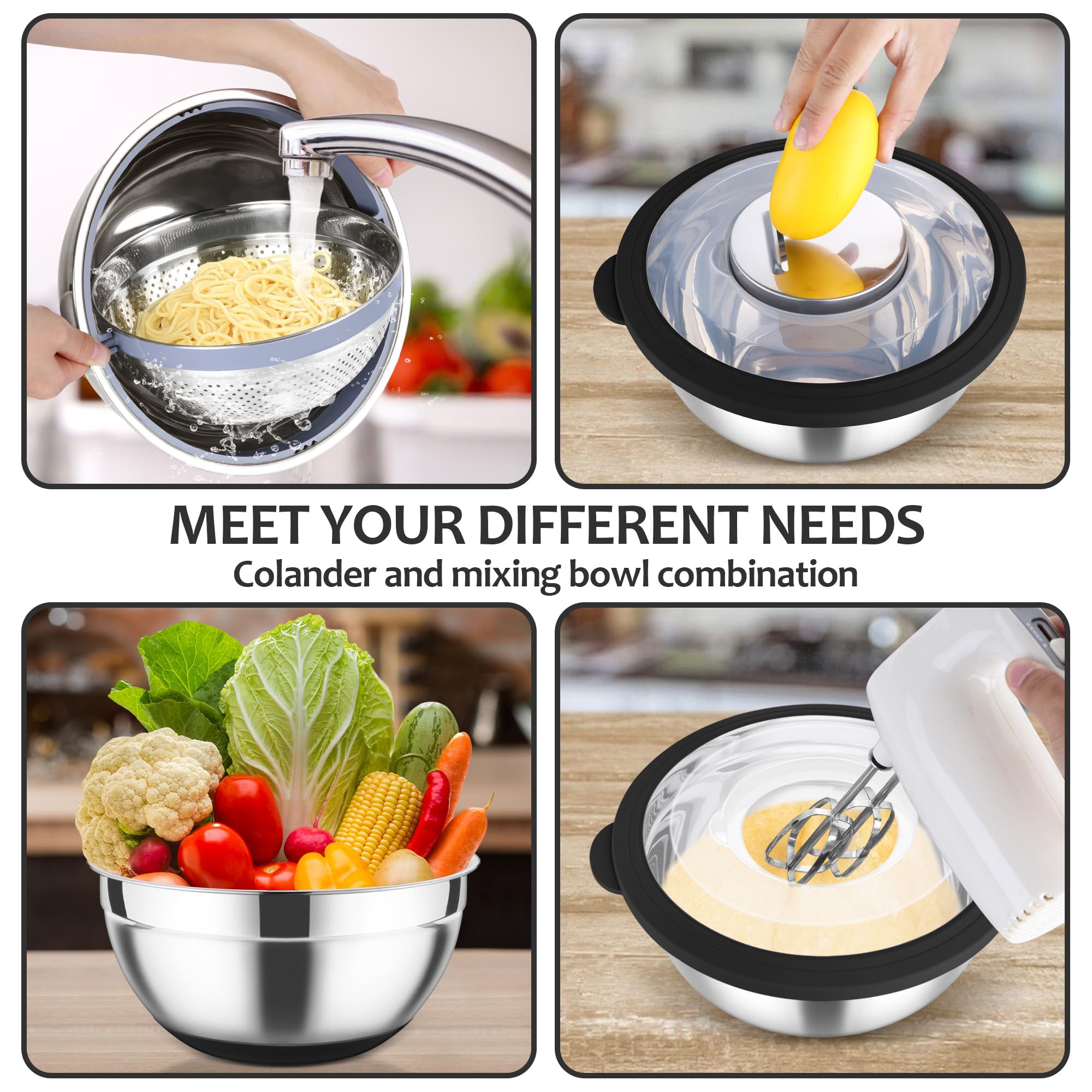 Colador con juego de tazones para mezclar, 4-1 coladores de acero inoxidable con ralladores para cocina, cuenco giratorio de colador de alimentos para enjuagar frutas, verduras y pasta, color 5