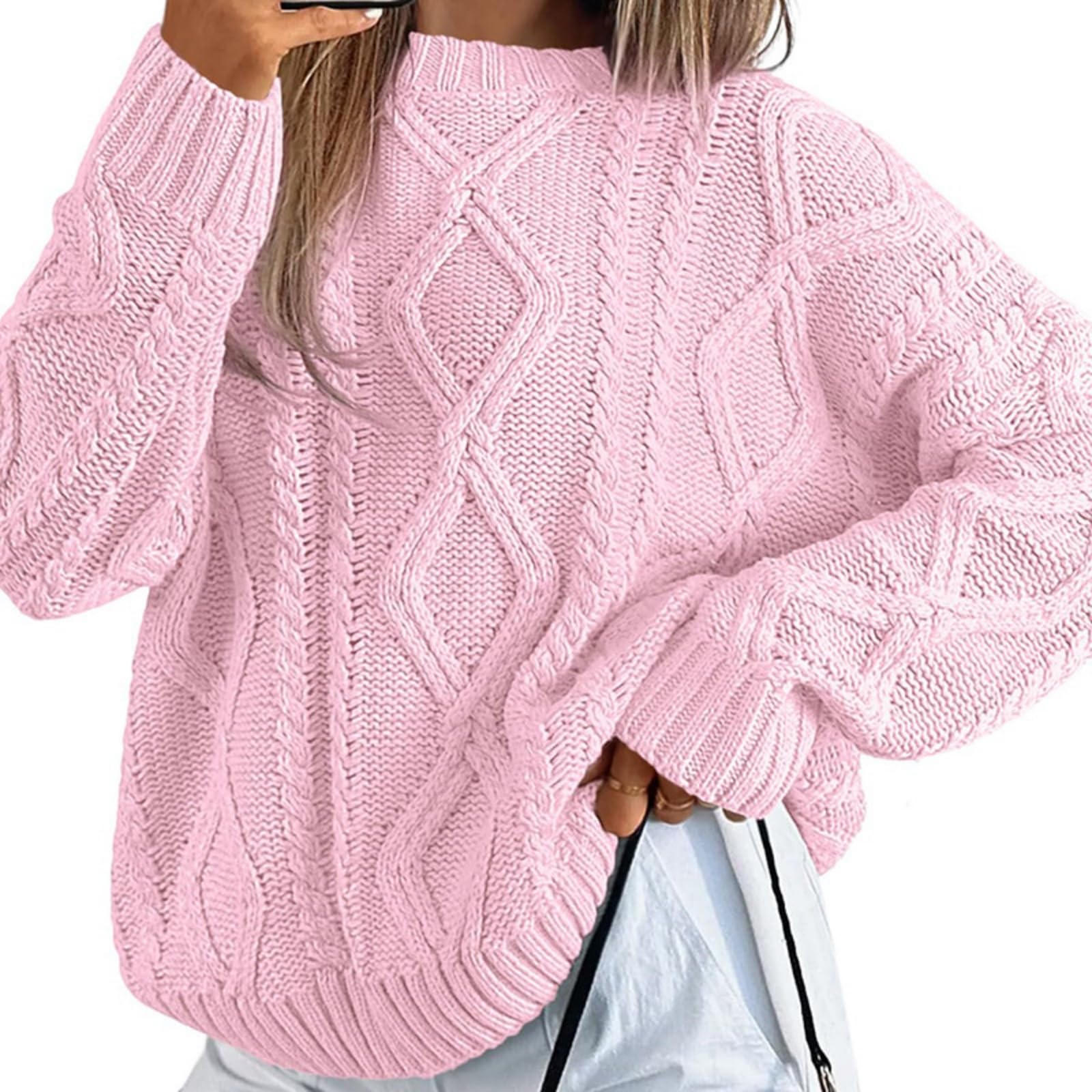 Cable Knit Sweater Women Round Neck Casual Oversize Pullover Loose Christmas Sweaters for Women 2025
