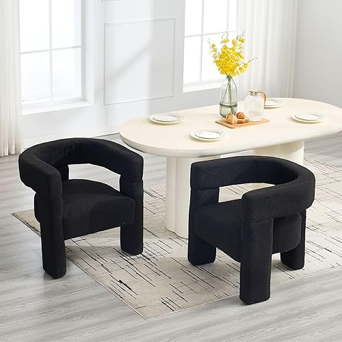 Miniatura 7 de Juego de 2 sillas de comedor con barril de sherpa, sillas de cocina tapizadas con detalles de boucle con brazos, cómoda silla auxiliar de piel