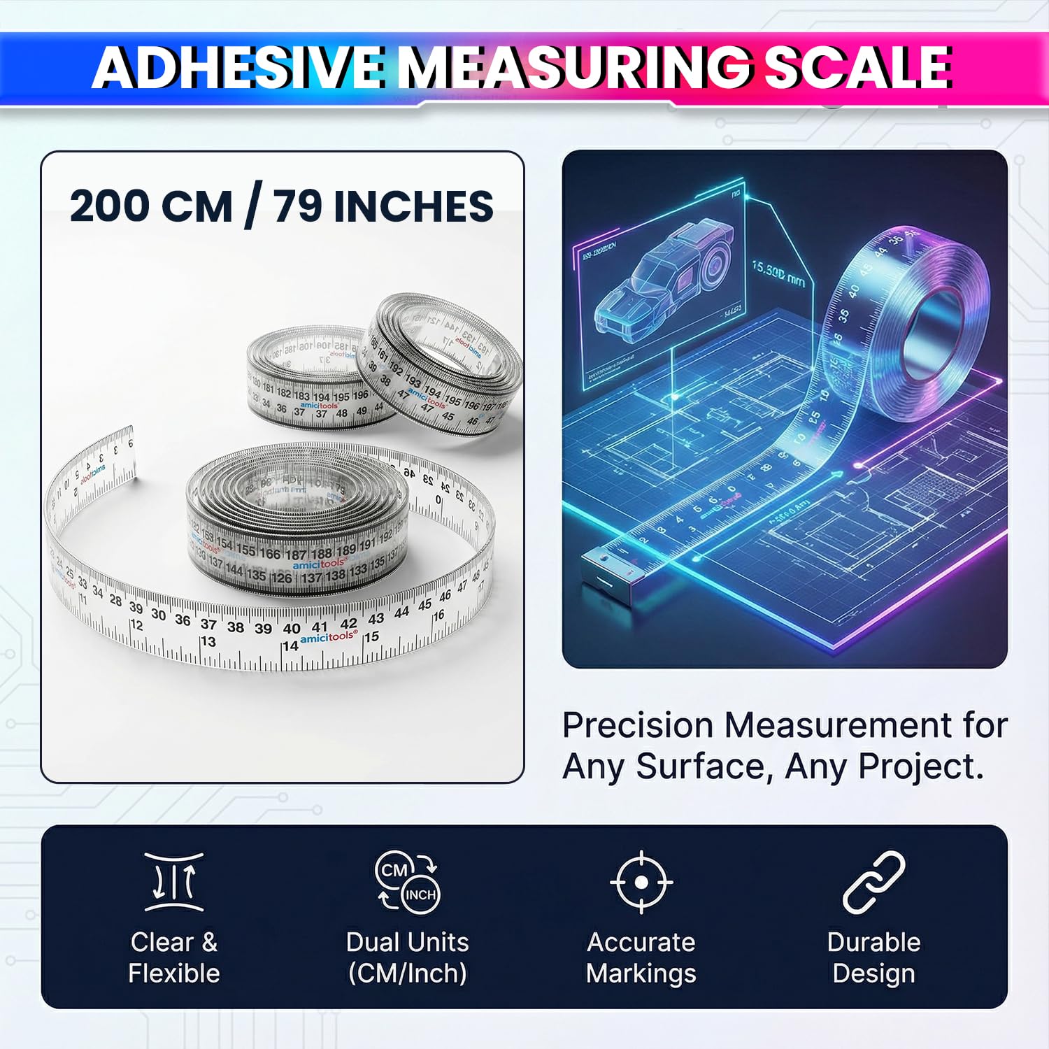 amiciTools Self-Adhesive Height Measuring Tape Ruler 200 cm / 79 Inch – Peel & Stick Growth Chart for Kids Height Measurement, Wall Mounted Measuring Scale for Home, School & DIY Use (Pack of 2) - Image 4 thumbnail