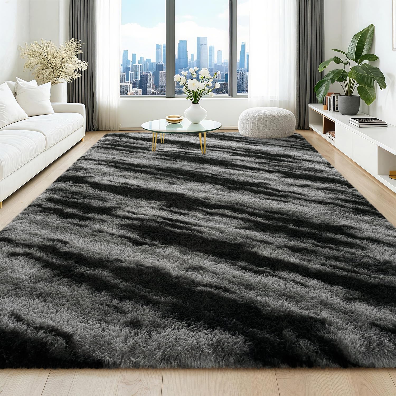 HQAYW Black and Grey Rug 4x6 for Living Room, Ultra Soft Fluffy Non-Slip Unique Striped Rugs for Bedroom, Modern Washable Plush Shaggy Indoor Carpet for Kids Nursery Girls Boys Dorm Office — image 1