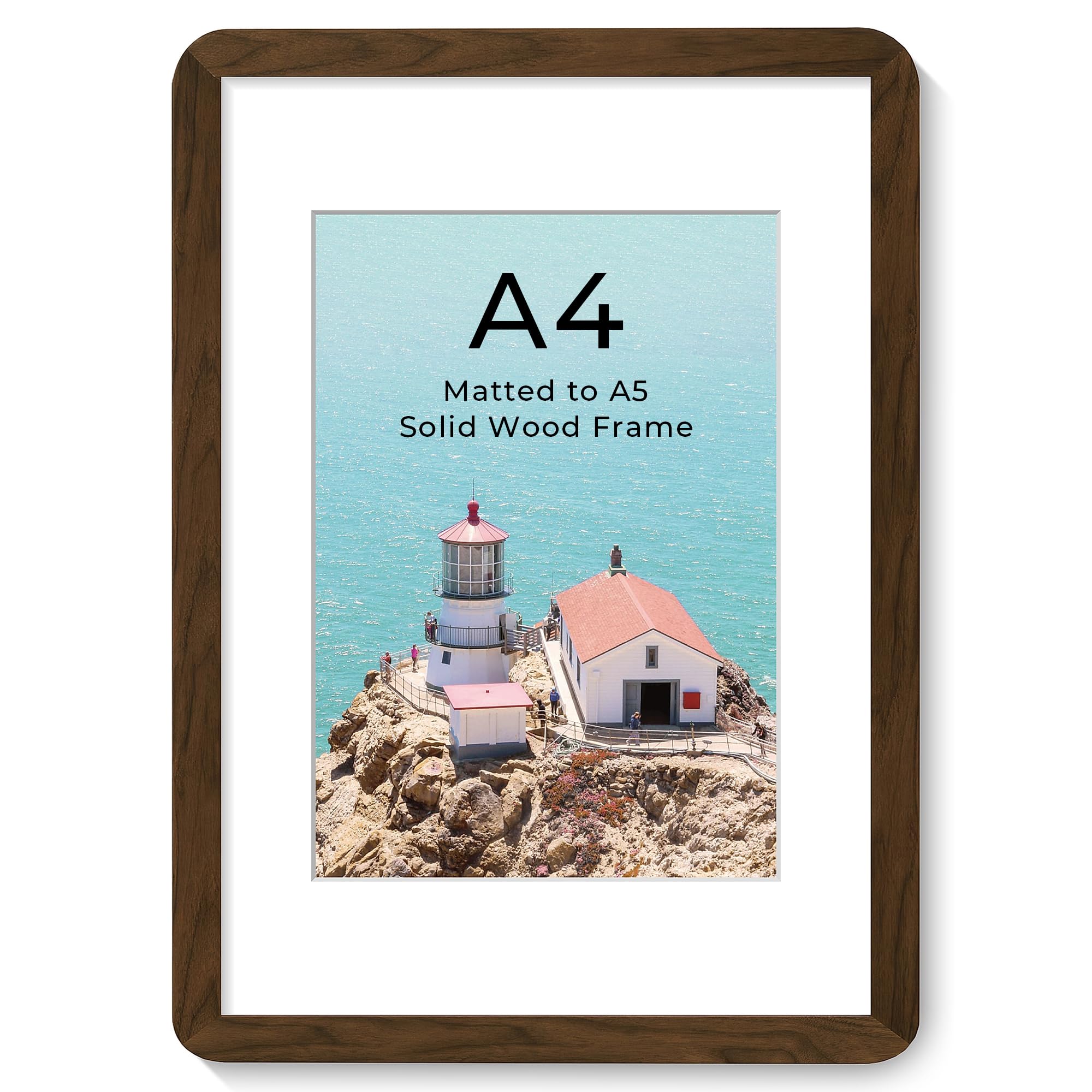 Acovy Cornice portafoto in legno massello di noce con passepartout, per cornici A5, cornici da parete e da tavolo con plexiglass e accessori per appenderla, 1 confezione