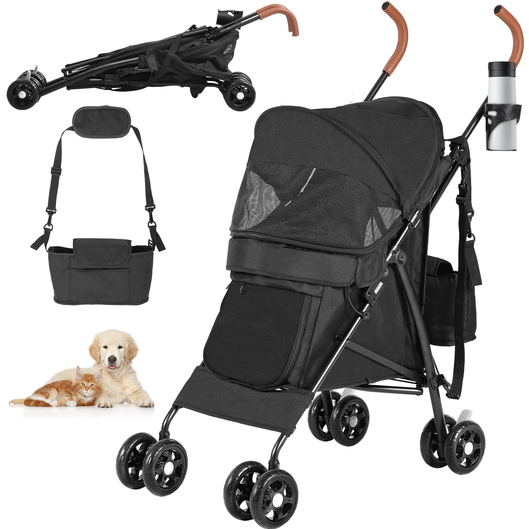 YITAHOME Pet Stroller for Small to Medium Dogs, 4 Wheel Dog Stroller with Shoulder Straps, Foldable Pet Travel Cart with Cup Holder and Storage Bag (Black)