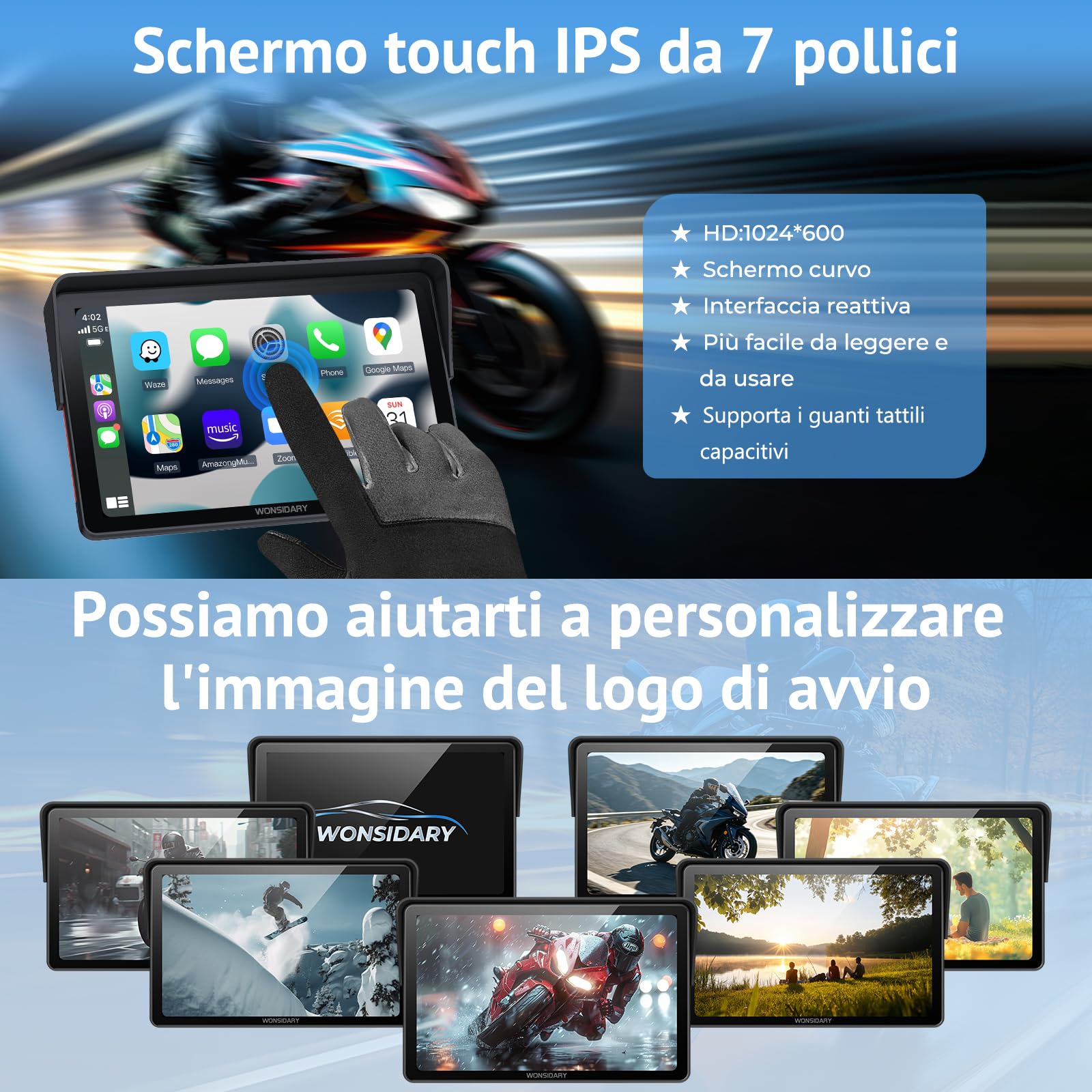 Senza Fili Schermo Carplay Per Moto,Navigatore Moto da 7 Pollici per CarPlay e Android Auto,Navigatore GPS Impermeabile IP67 con Sensore di Luce,Doppio Bluetooth,Siri/Assistente G00gle,EQ