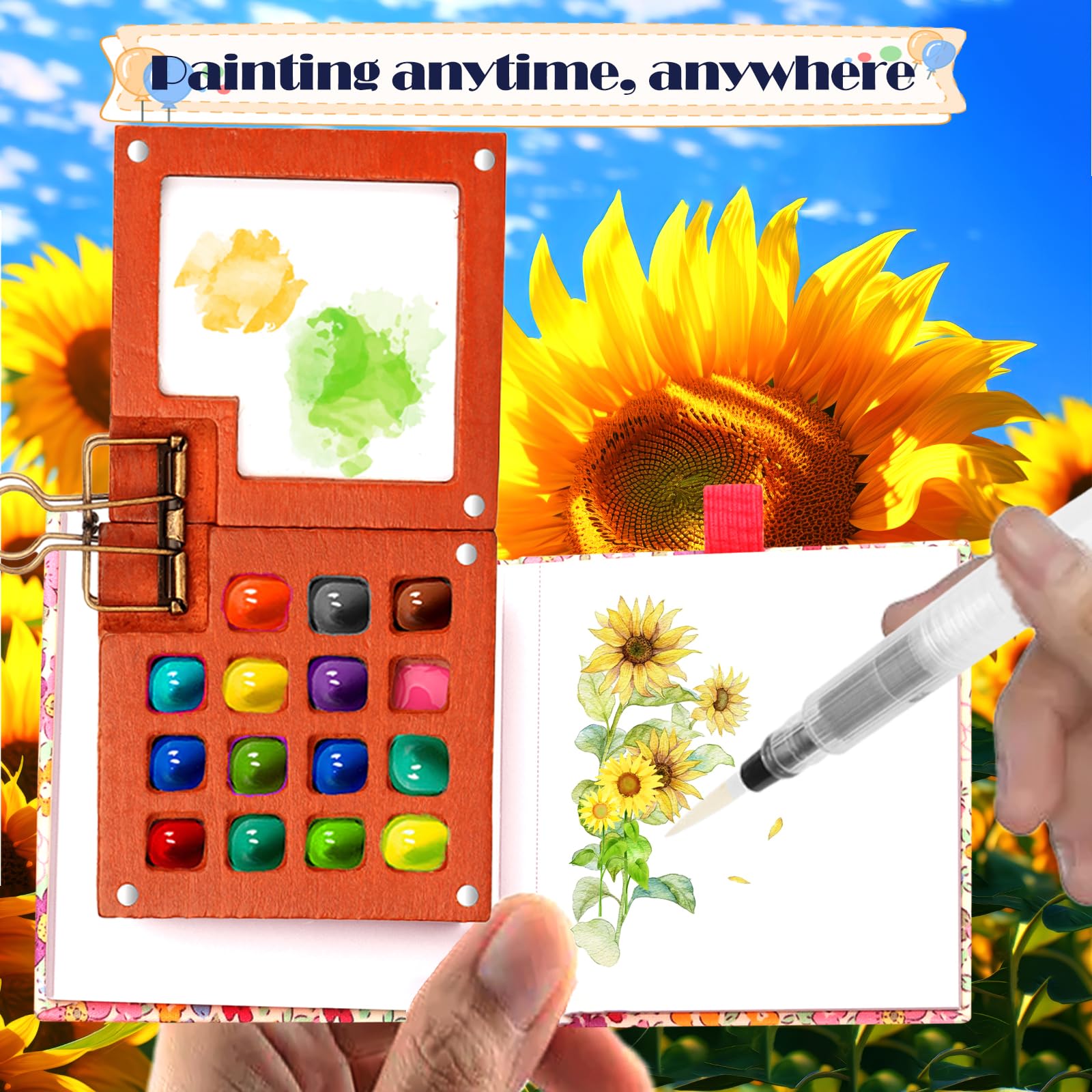 GIDWRIY Mini Aquarell Set Reise - Kompakte Malpalette Aus Walnussholz Mit Pinsel & Papier