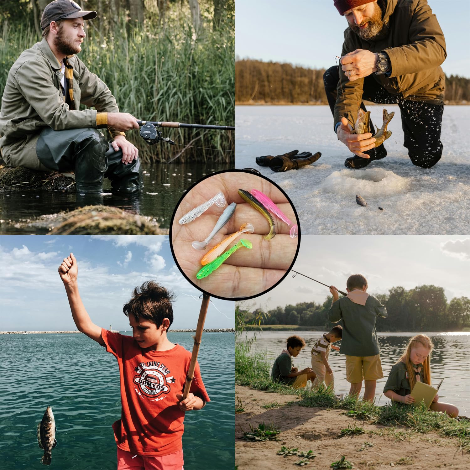 45 esche in plastica morbida, esche da nuoto a coda di pagaia, esche da nuoto per pesca alla spigola, coda da pagaia, esche Crappie - 9 colori e 6,5 cm