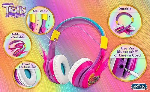 Miniatura 5 de eKids Trolls Band Together - Auriculares Bluetooth para niños, auriculares inalámbricos con micrófono, incluye cable auxiliar, reducción de volumen
