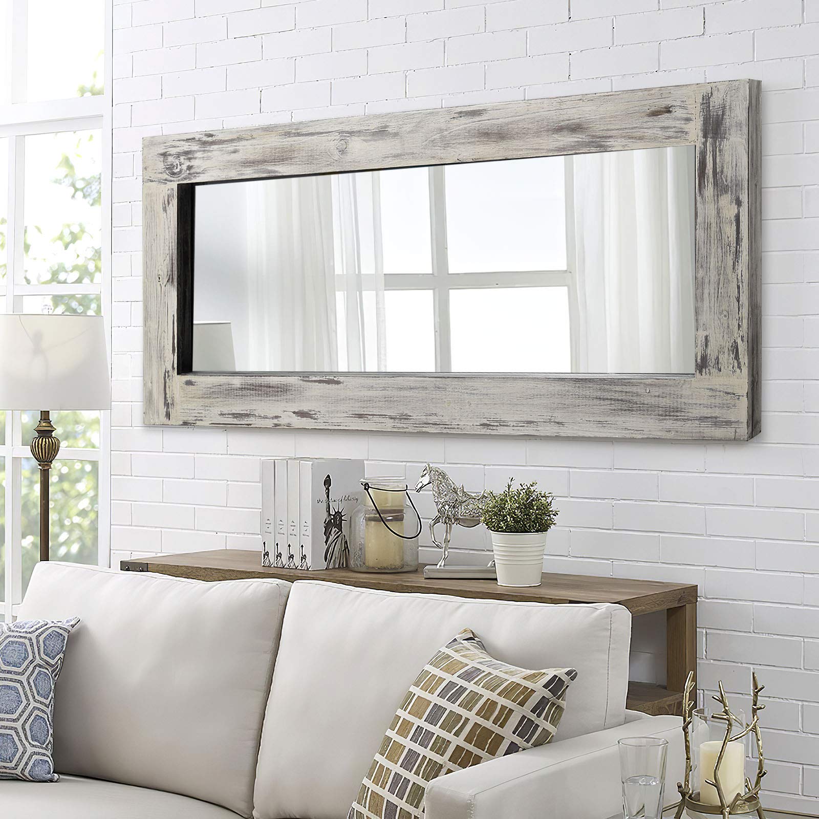 NeuType Rustic Full Length Mirror Vintage Wood Framed Dressing Mirror Large Rectangle Floor Mirror Farmhouse Wall Mounted Mirror Hanging or Leaning Against Wall (58" x 24", White)- INSPECTED