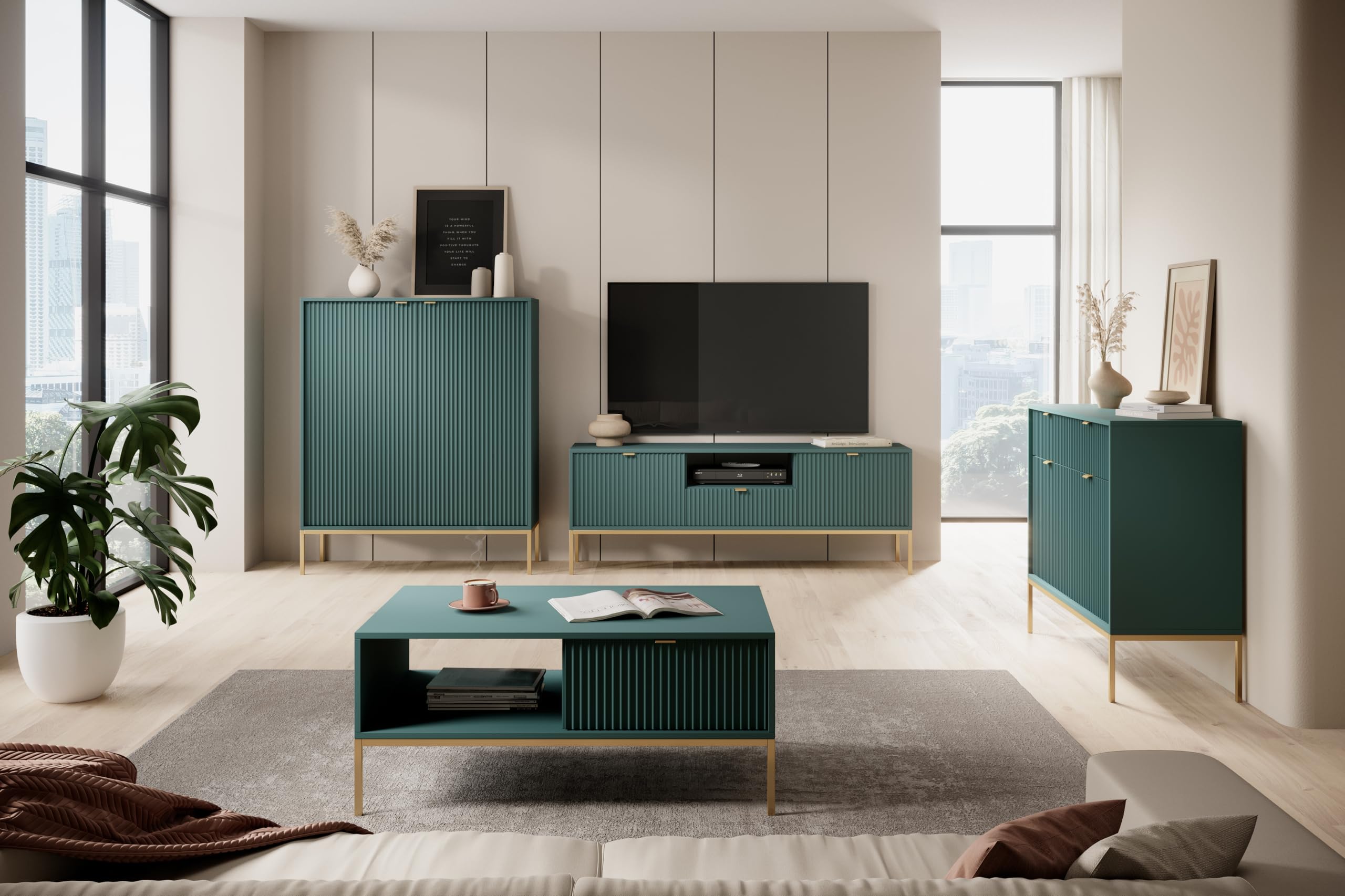3xE Living Cómoda Baja de Estilo Moderno, Longitud 104 cm (Verde + Patas Doradas), Lameliimksz-104