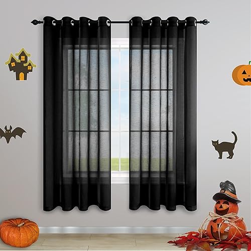 Cortinas transparentes de 63 pulgadas de largo para decorar el dormitorio de los niños, 2 paneles con ojales, de color negro, con aspecto de lino,