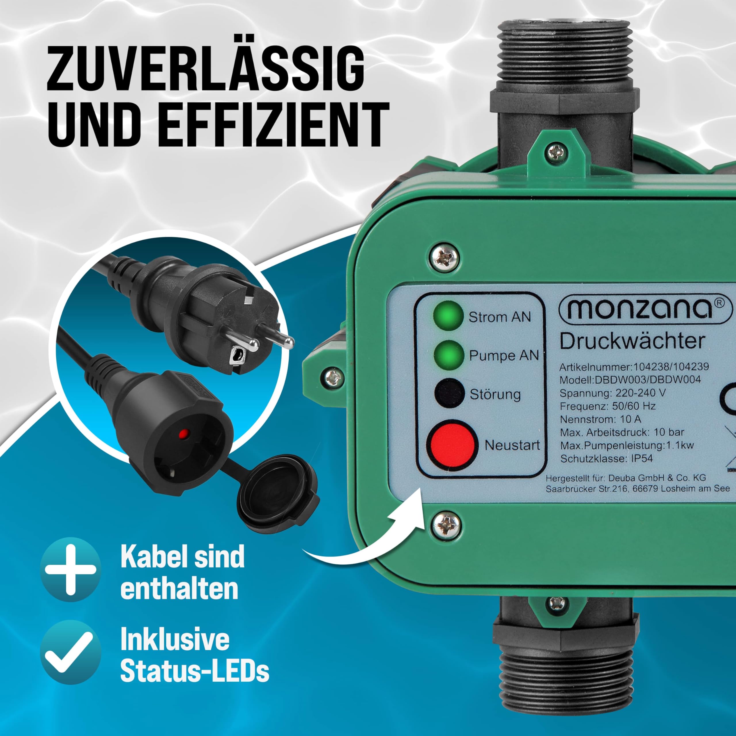 MONZANA® Druckschalter Wasserpumpe mit Kabel 10 Bar Trockenlaufschutz Pumpensteuerung Hauswasserwerk Druckwächter Gartenpumpe Drucktaster