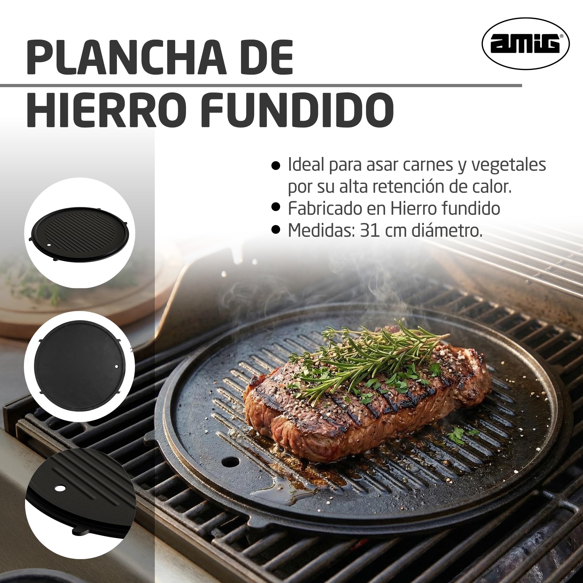 Amig - Plato de Hierro Fundido - Ø31 cm - Reparto Uniforme del Calor y Alta Resistencia - Para Barbacoas de Carbón o Gas - Mod. AM37