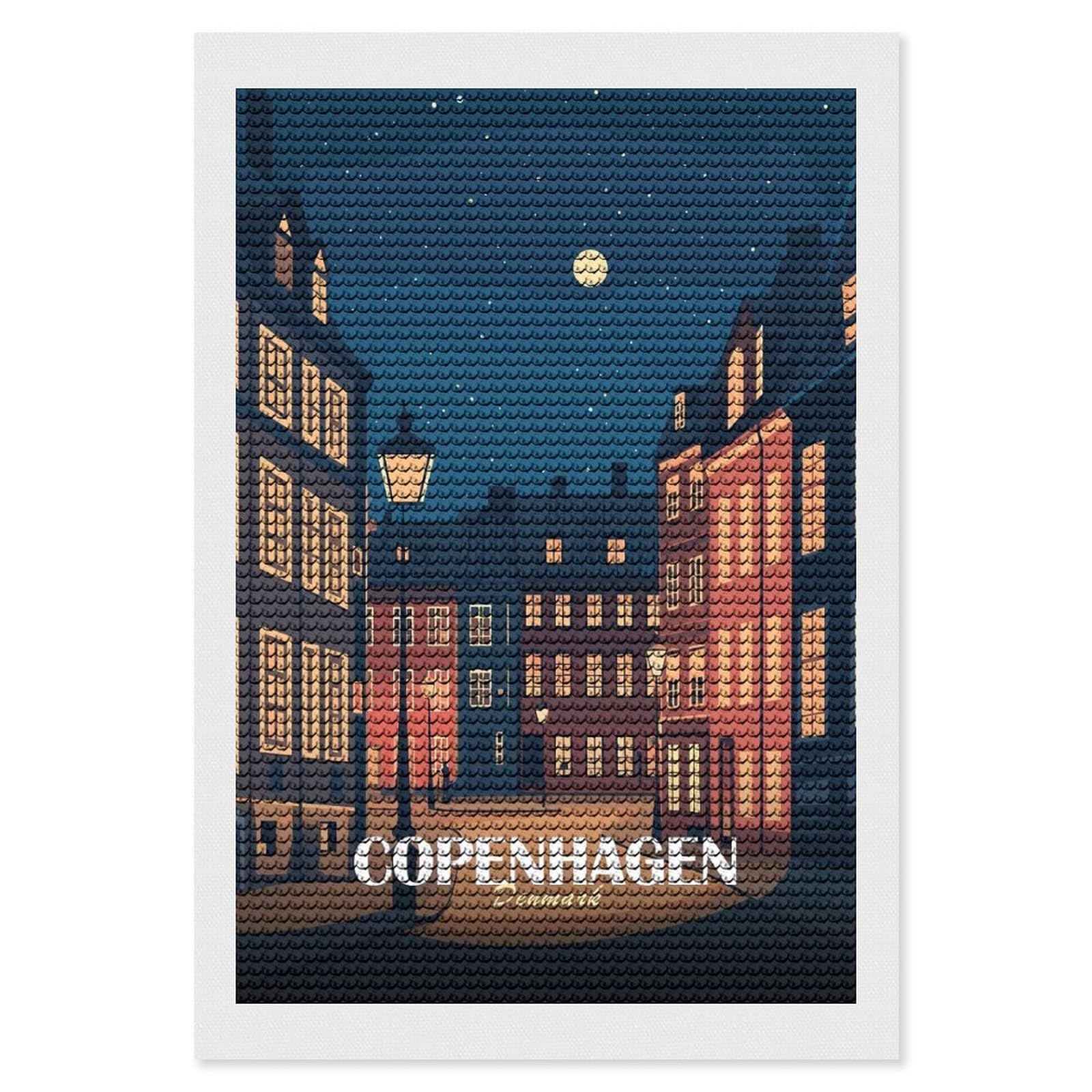 Junmoney Copenhagen Denmark Night Cityscape Illustration Diamond Painting Kit 8"x12", Easy Handmade Project, Cosy Home Accent, for Craft Lovers, Holiday Gift Idea