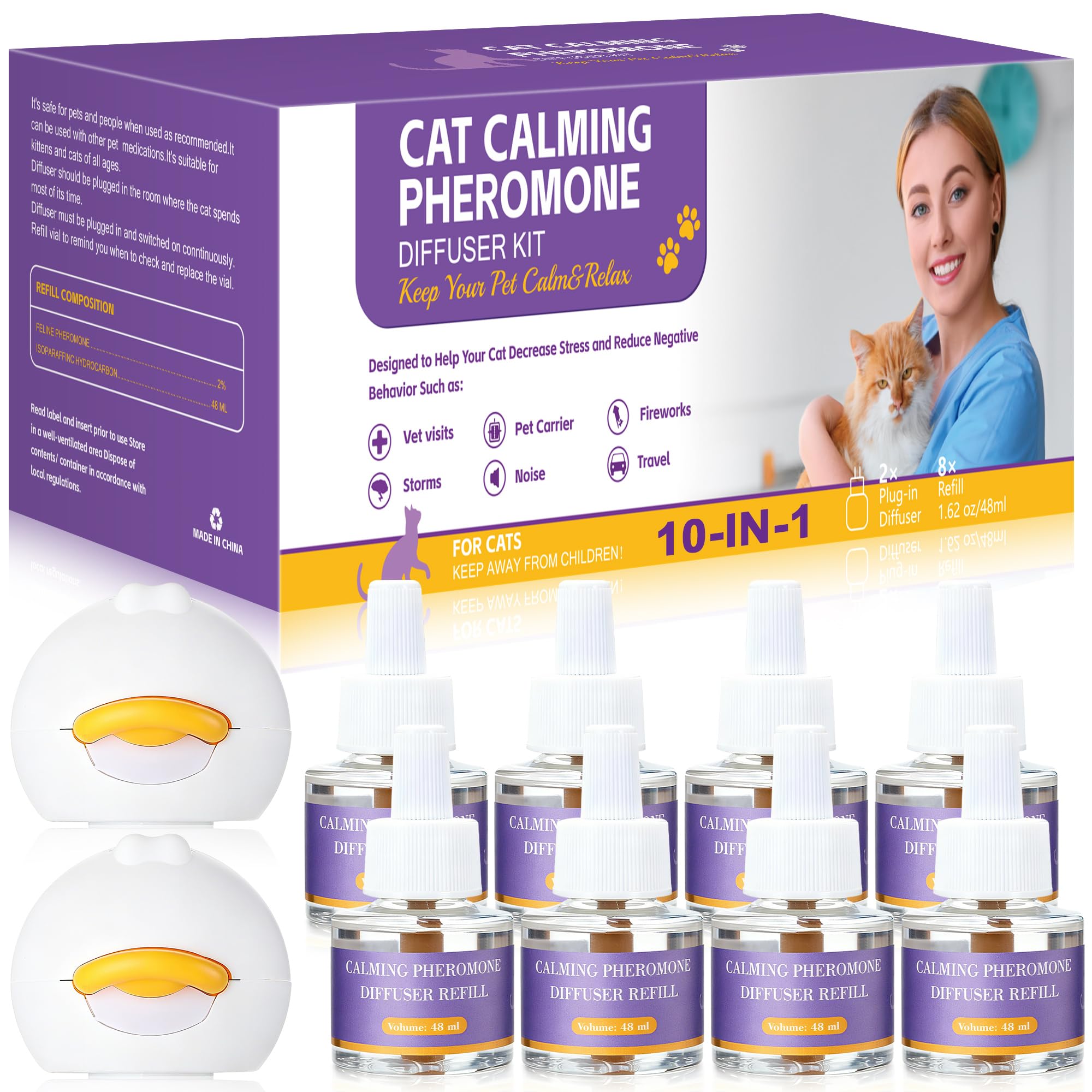 10-In-1 Katze beruhigende Pheromon Diffuser (2 Stecker in + 8 Refills), Entlastung Angst, Sturm Stress & Indoor Verhalten Unterstützung, Geruchlos sichere Formel, 240 Tag