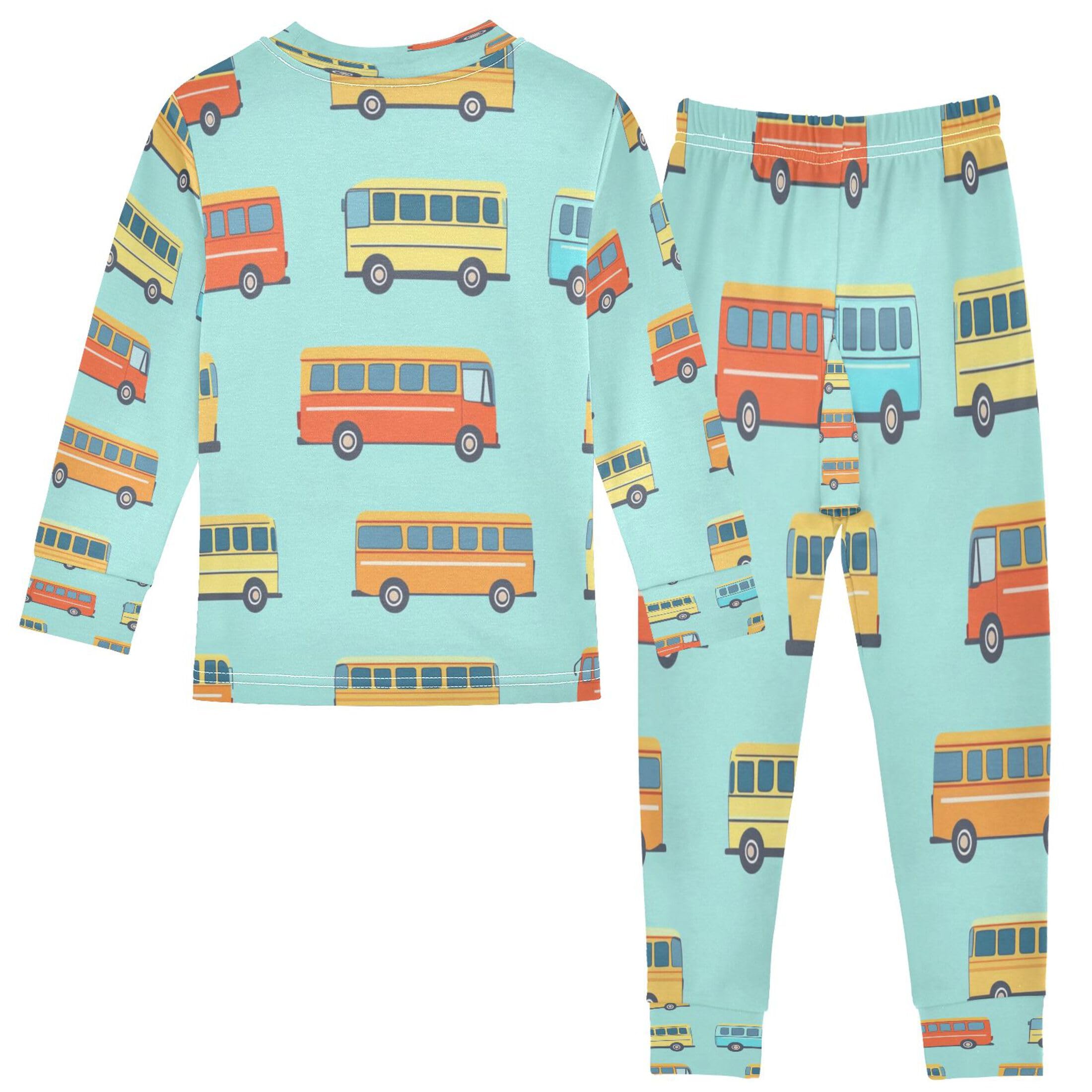 Vozoza Retro Blue Bus Pajama Sets Long Sleeve Top with Pants Cotton Soft Sleepwear 2 Piece Pjs Set Size 3T