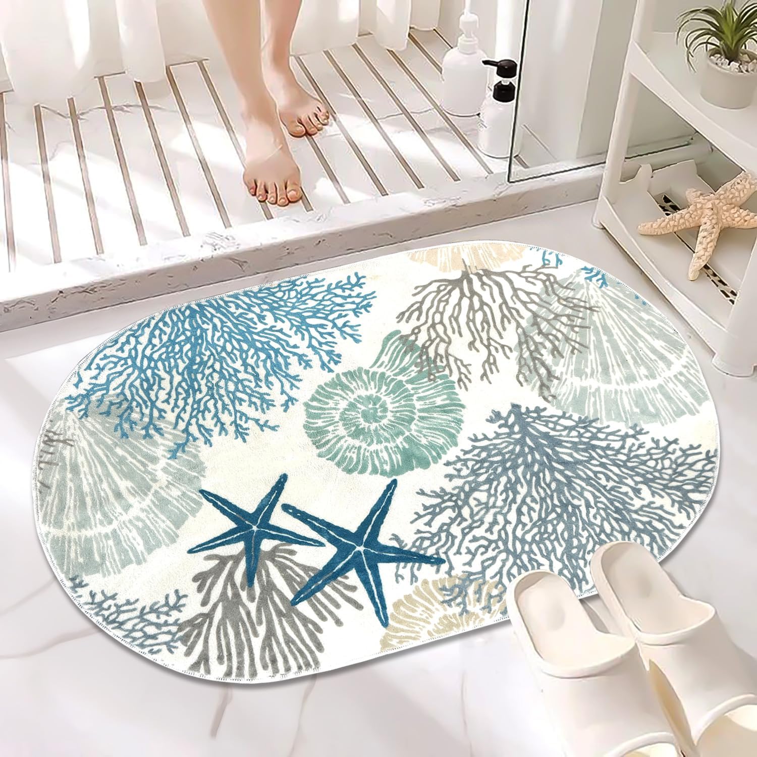 Coastal Starfish Bath Rug, Seashell Bath Rug, 21x31 inch, Summer Coral Bath Mat, Non-Slip Backing, Soft Absorbent Vintage Blue Oval Mat Floor Rug for Bathroom, Kitchen, Entryway Decor