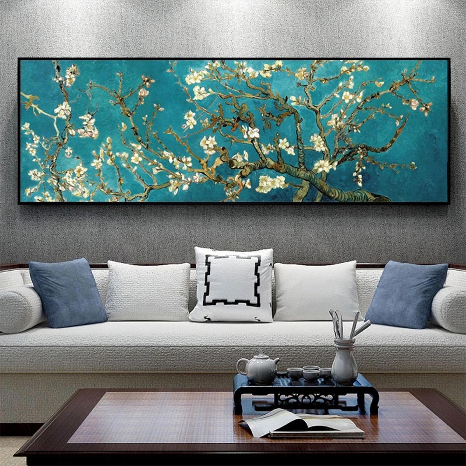 Van Gogh reprodukcja kwiatów migdałów duży rozmiar sztuka ścienna plakaty i nadruki impresjonistyczne kwiaty obraz do salonu 55 x 165 cm z ramą