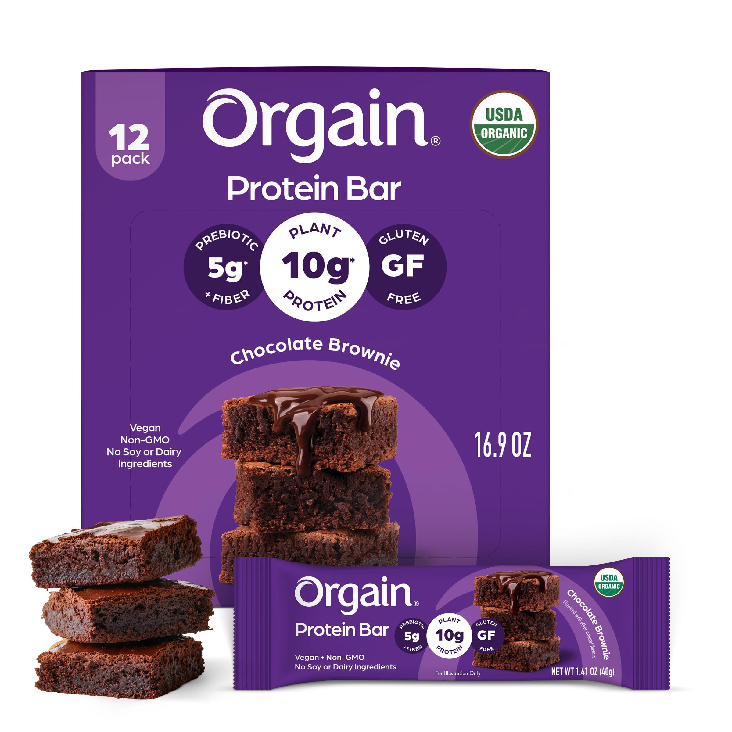 Orgain Organic Vegan 10g Protein Bars, Chocolate Brownie, 12 Pk