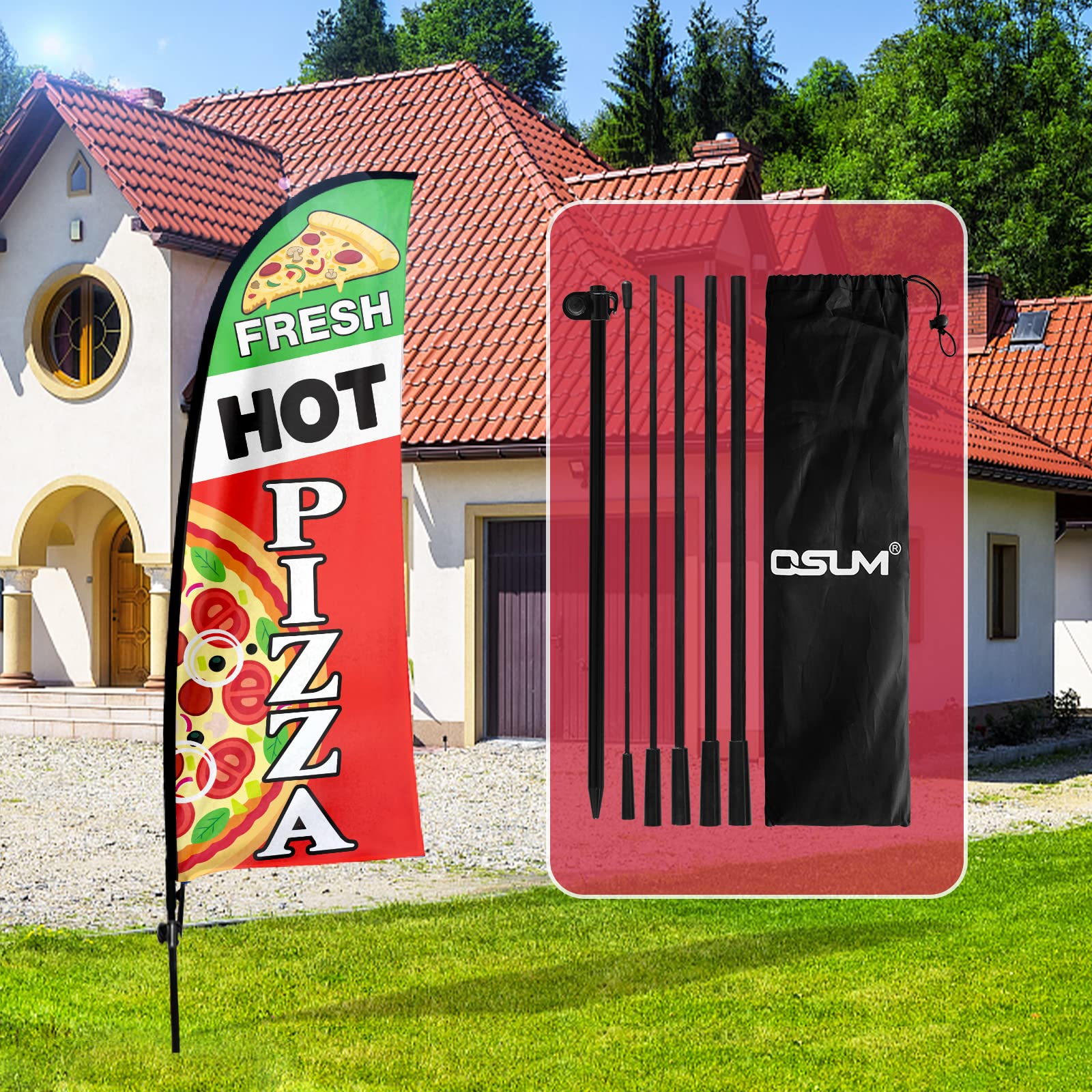 Bandiera Swooper Pizza Calda Fresca, 7FT Bandiera Piuma Pubblicitaria Pizza Calda Fresca con Kit Palo, Picchetto a Terra per Aziende