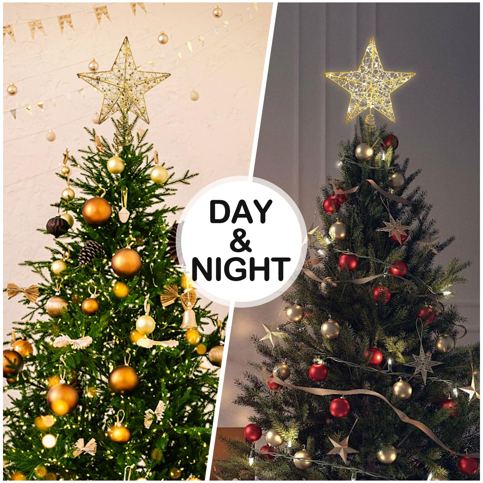 Cimier de sapin de Noël doré pailleté avec 20 lumières LED pour décorations de Noël, décorations de vacances, décoration d'intérieur - 25,4 cm