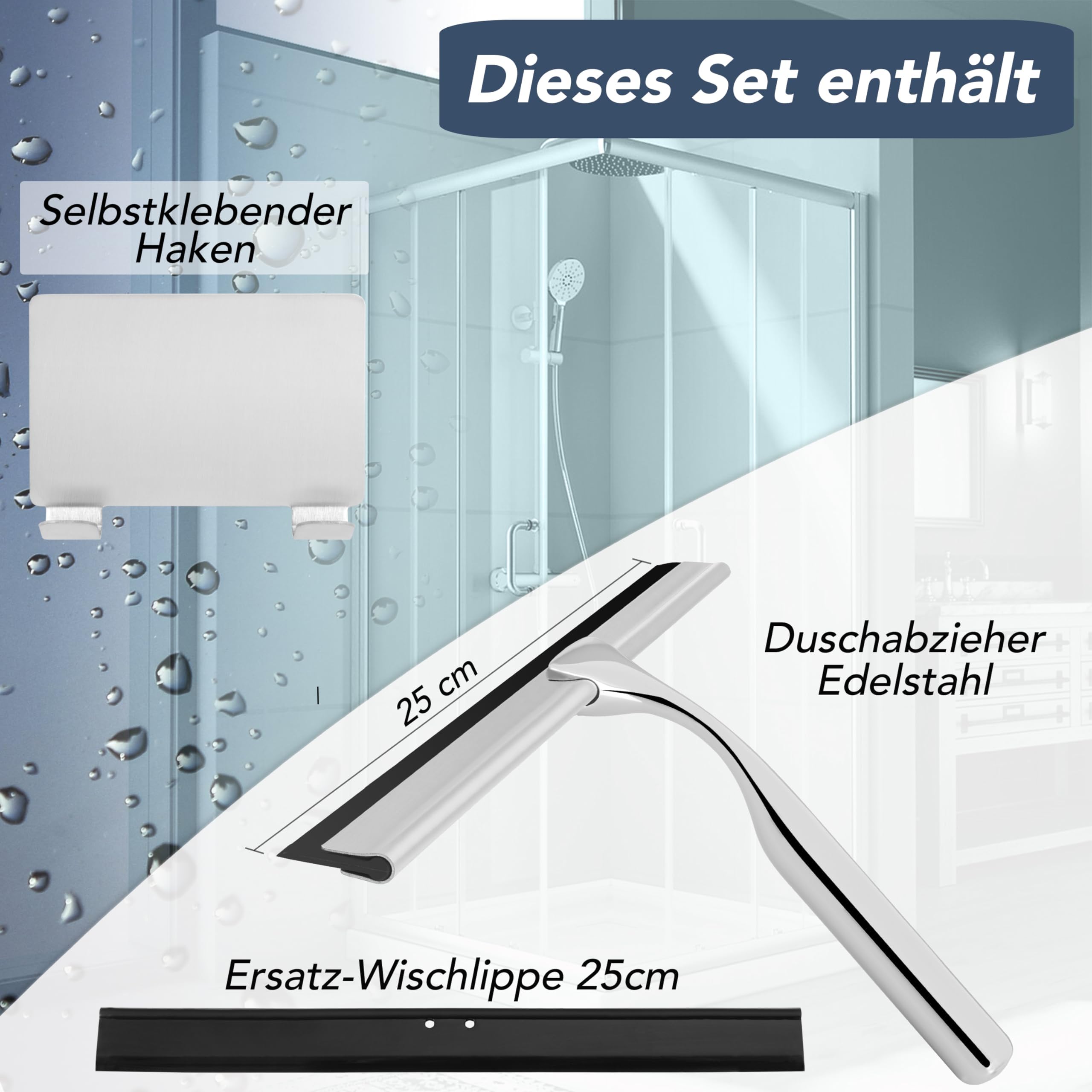 kowald Ściągacz prysznicowy ze stali nierdzewnej - szerokość 25 cm - z samoprzylepnym uchwytem, zapasowa warga
