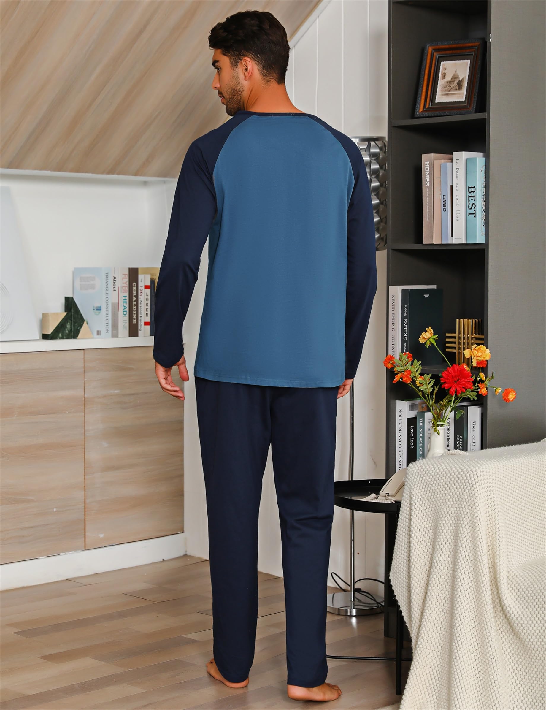 Migcaput Pigiama Cotone da Uomo Set Lungo Comodo Pigiami Due Pezzi da Uomo Pigiama Manica Lunga Pigiama con Tasche con Bottoni