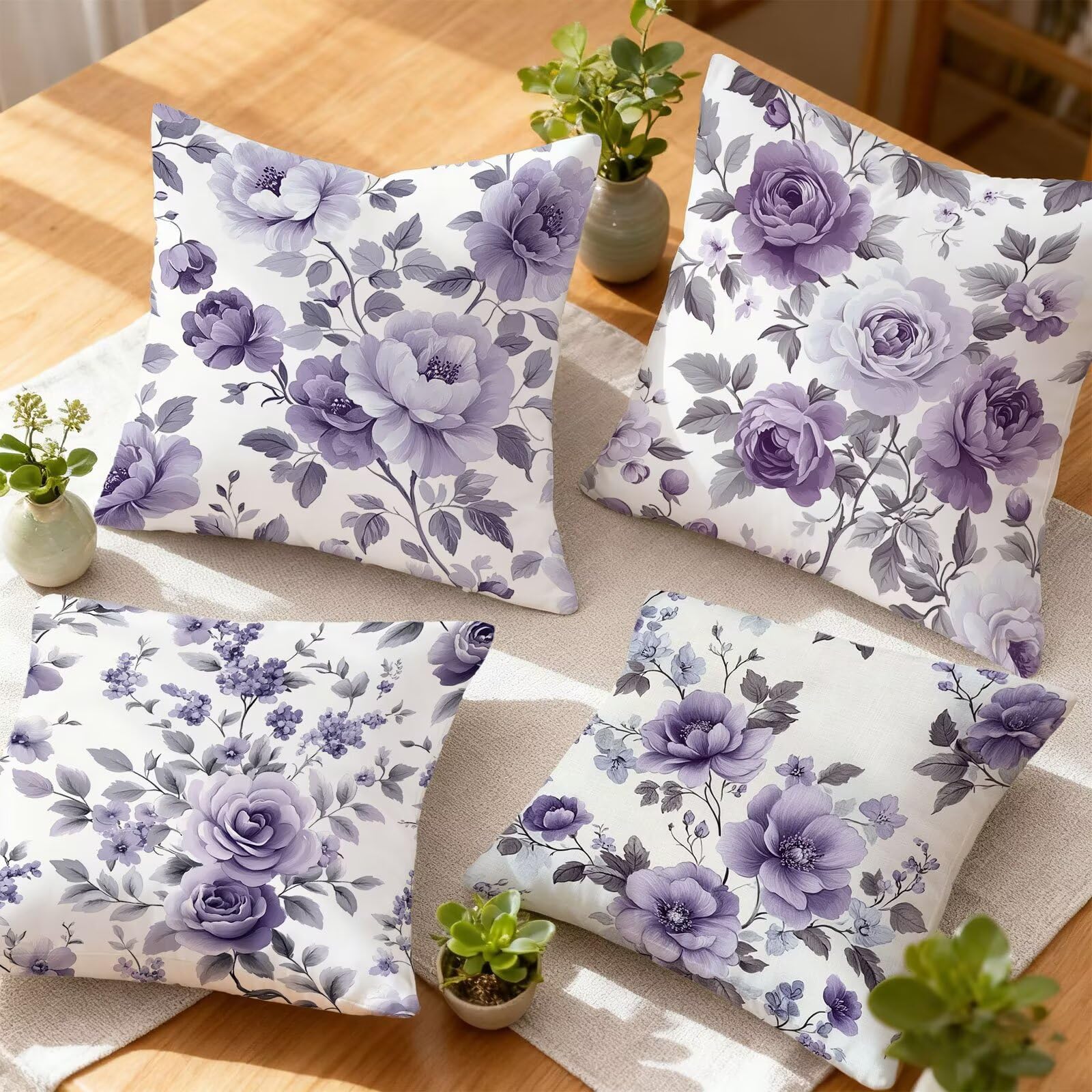 Violet Housse Coussin 60x60 Fleur Taie Oreiller 60x60 Lot de 4 Super Doux Protege Oreiller 60 x 60 Decoration Automne Taie D'oreiller Carrées Coussin Canape, pour Maison Chambre Canapé Chaise E - 371