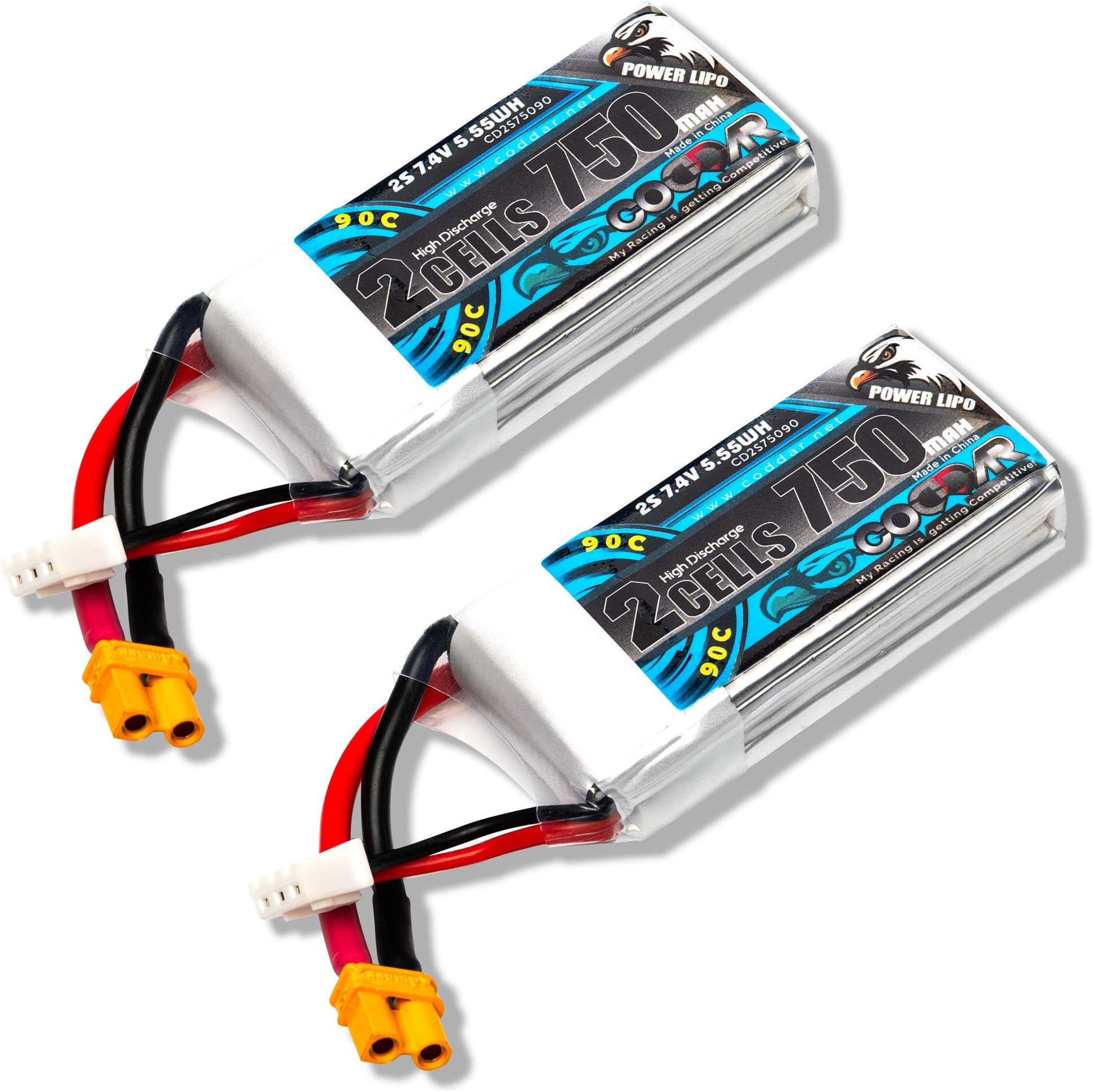 2 Pack - Coddar 750mAh 2s 7.4v 90c Lipo Battery with XT30 FPV Plug for RC Racing Drone