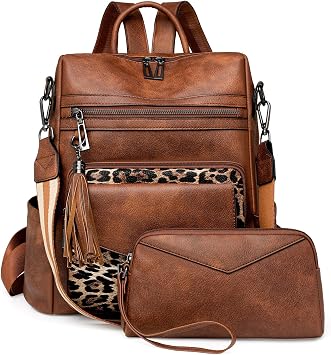 Womens Backpack Purse Leather Fashion Travel Backpack Purse for Women Designer Ladies Shoulder Bags with Wristlet Brown leopard print