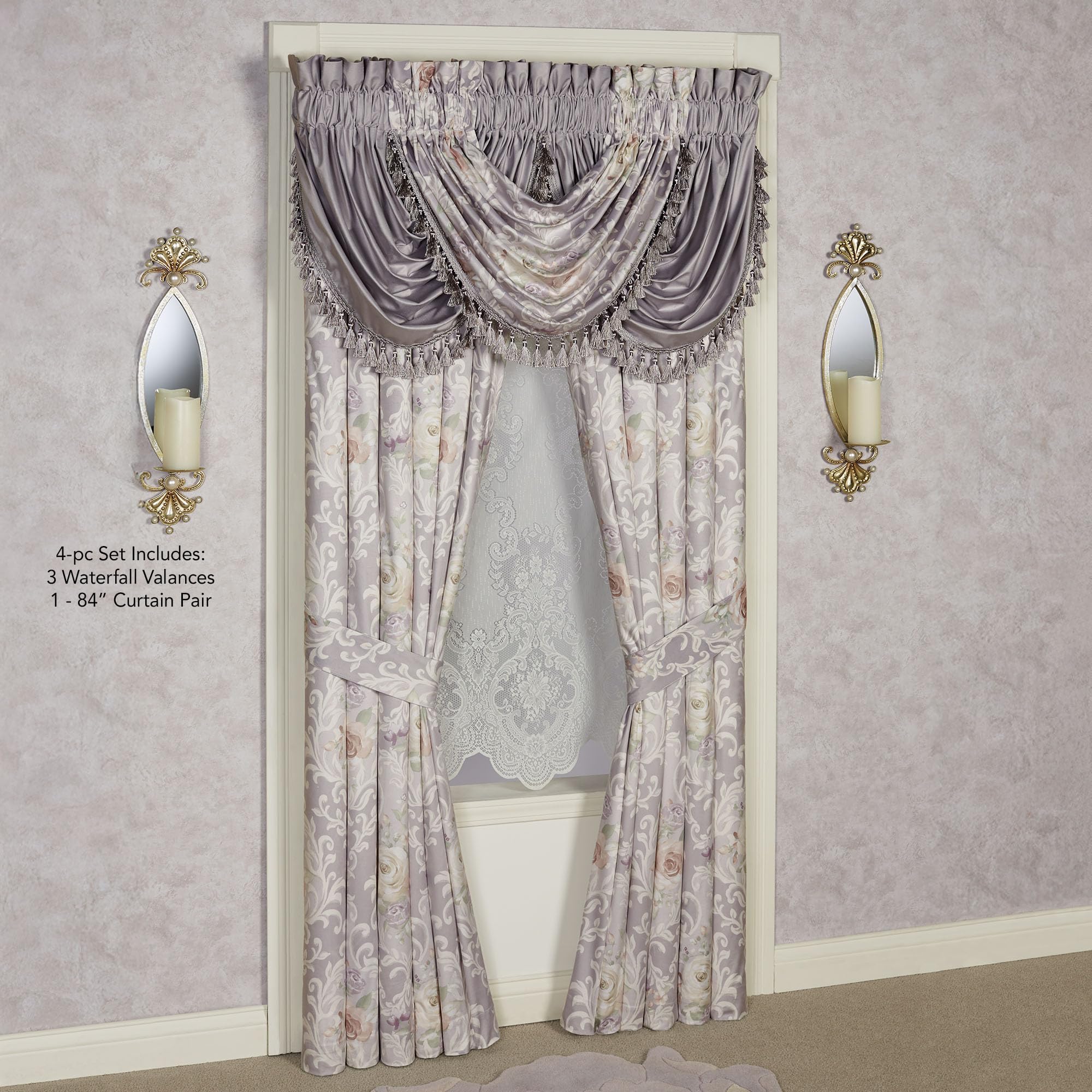 Romantica Luxury Window Treatment | Rod Pocket | Floral Damask | Blush, Lavender, Ivory | Polyester Velvet | 4 Pc Window Set: 84L Curtain Panel Drapery Pair, 1 Floral and 2 Solid Waterfall Valances