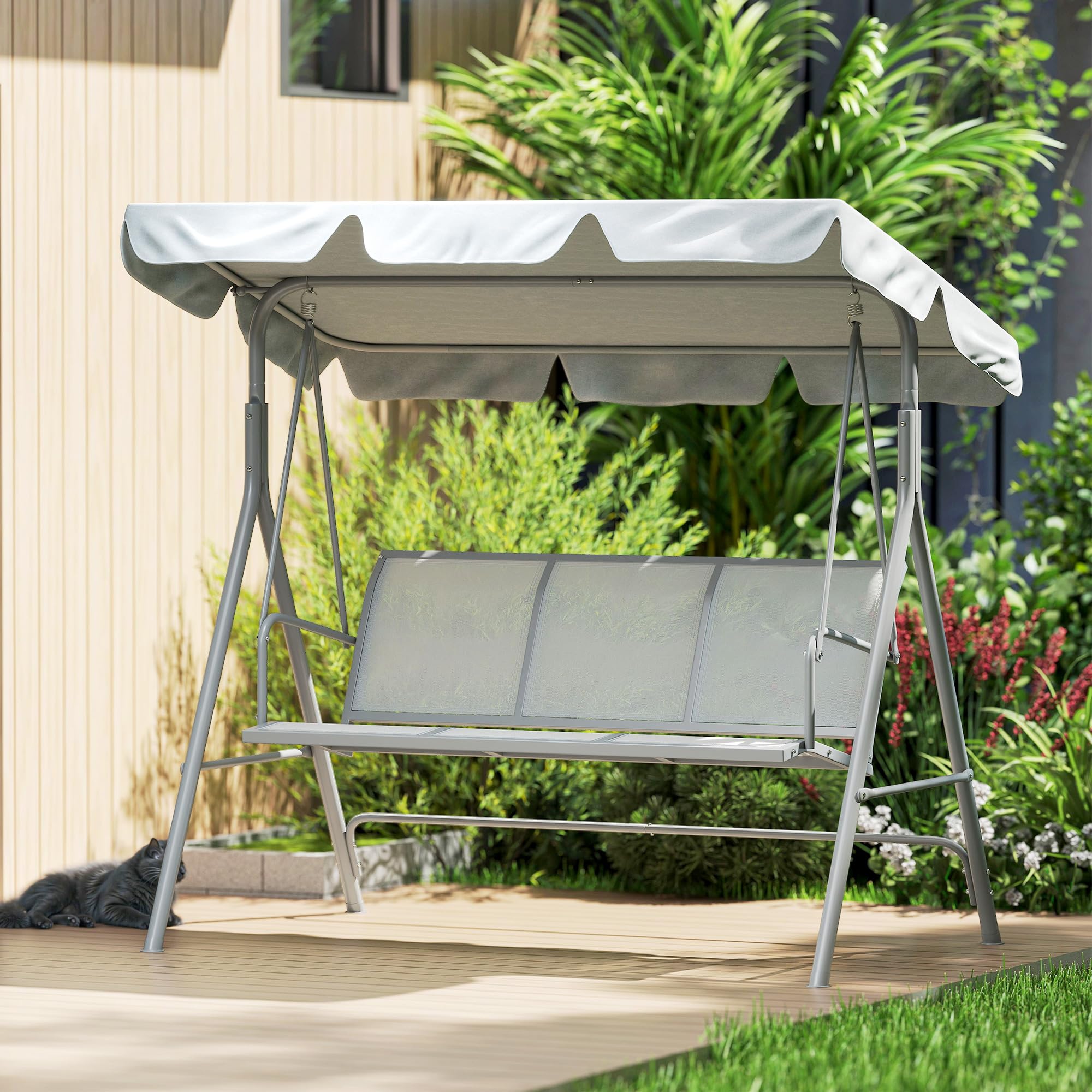 Outsunny Columpio Jardín Exterior Balancín Jardín Exterior de 3 Plazas con Toldo Ajustable Respaldo Transpirable y Marco de Metal para Terraza Balcón Carga 240 kg 171x108x154 cm Gris
